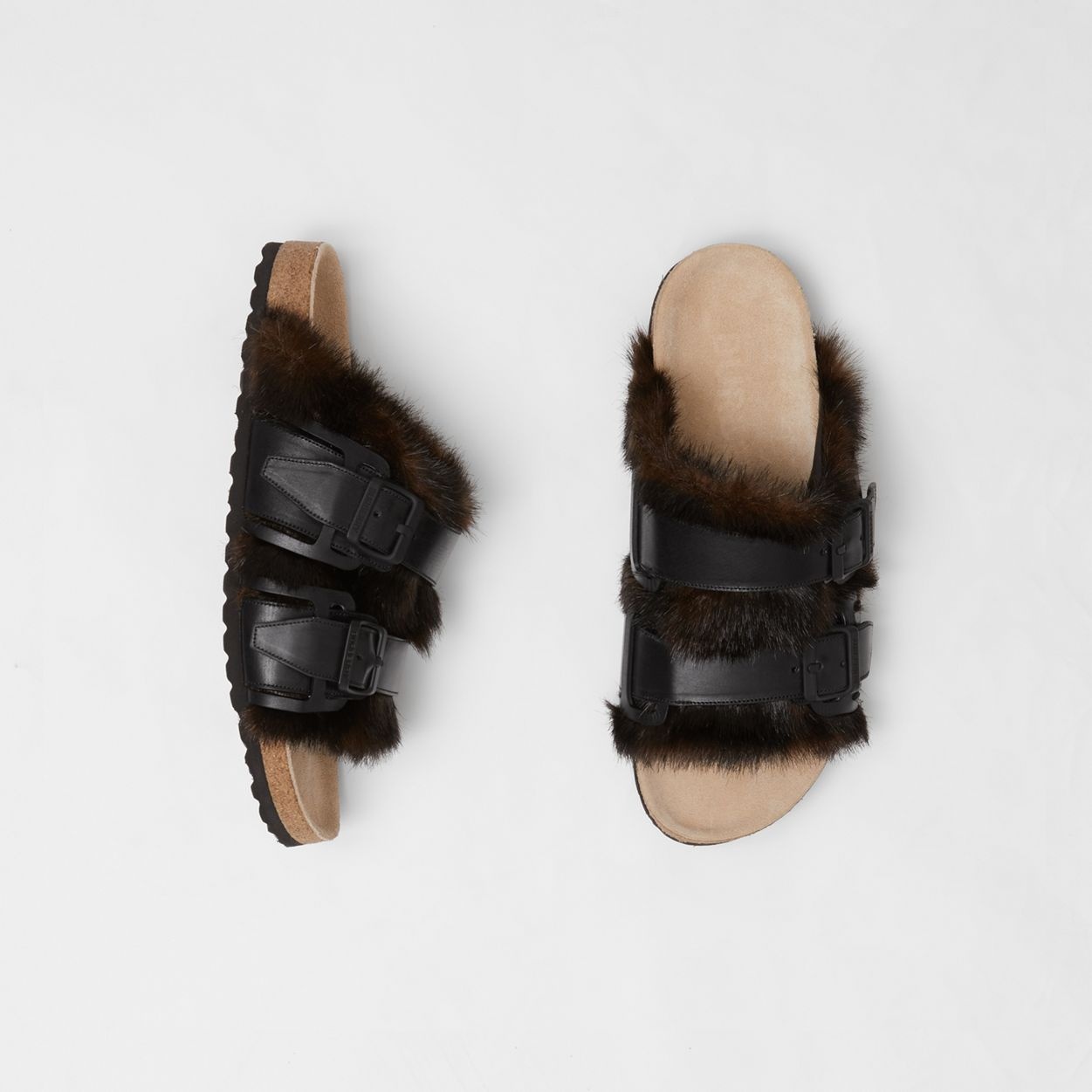 Leather and Faux Fur Sandals - 3