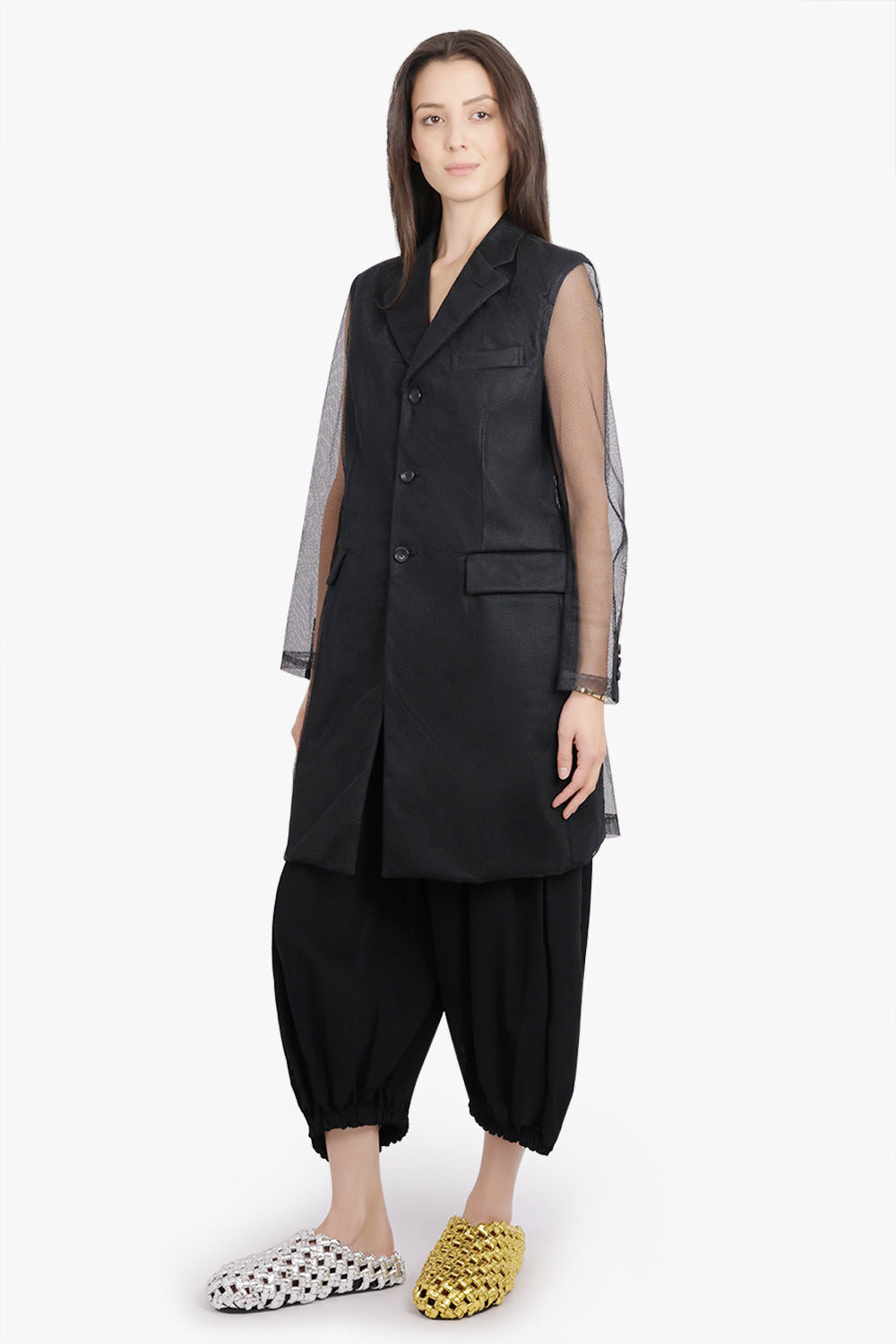 TULLE OVERLAY TAILORED LONG COAT WITH SHEER SLEEVES | BLACK - 2