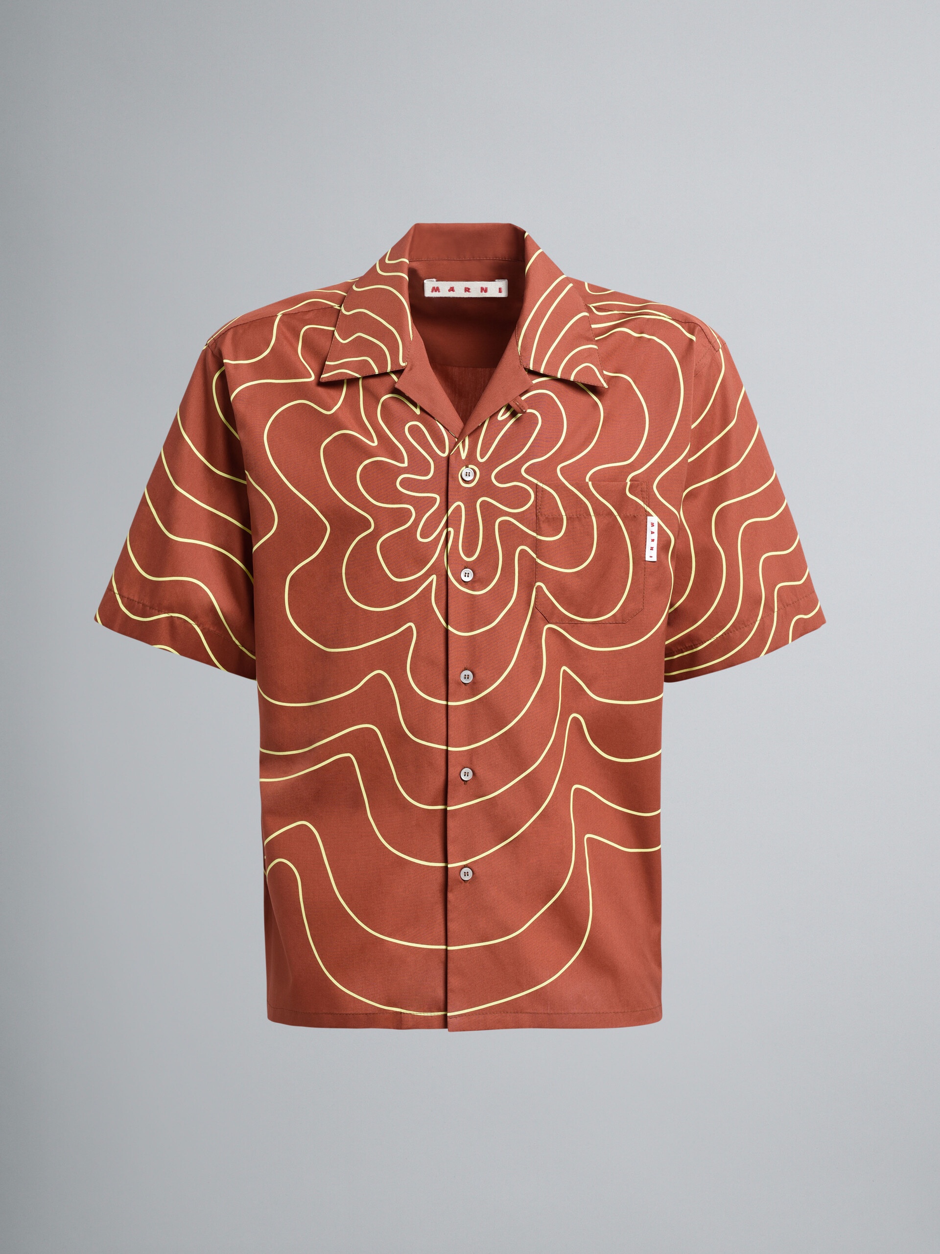 ORANGE BROWN VIBRATING FLOWER POPLIN BOWLING SHIRT - 1