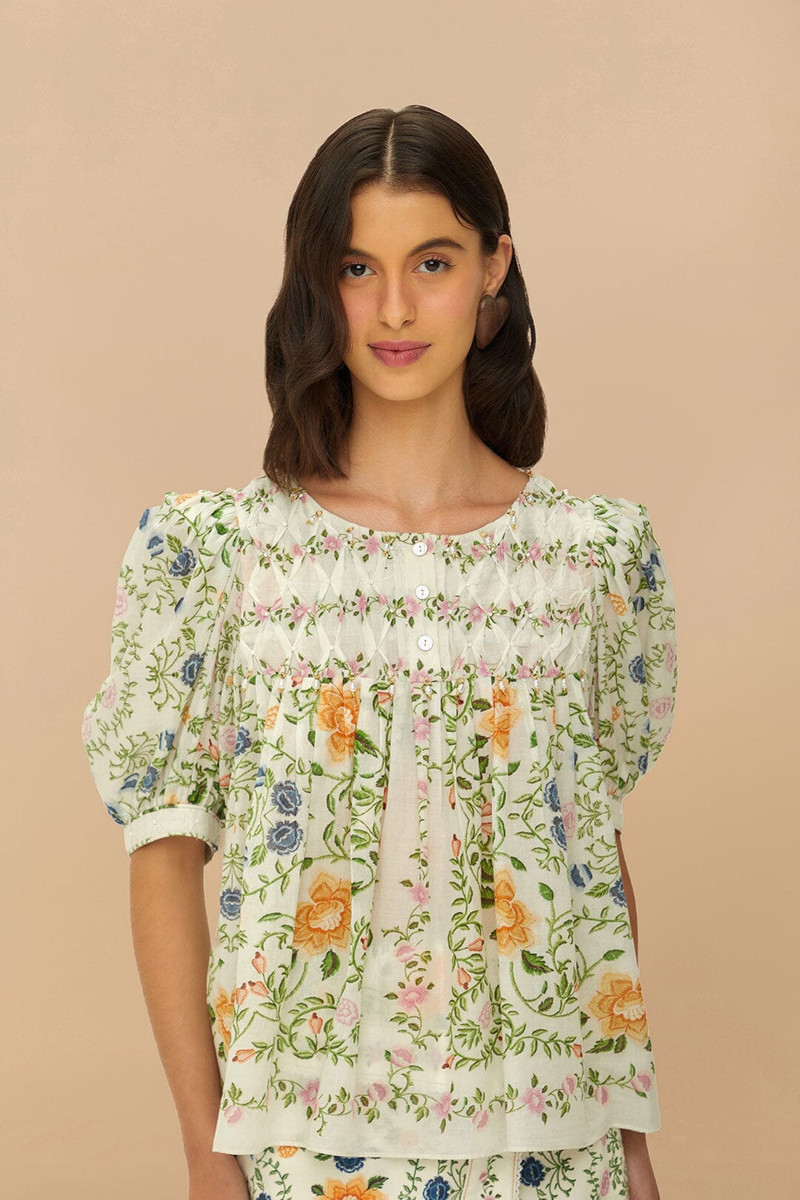 Folk Floral Off-White Scoop Neck Short Sleeve Blouse 1