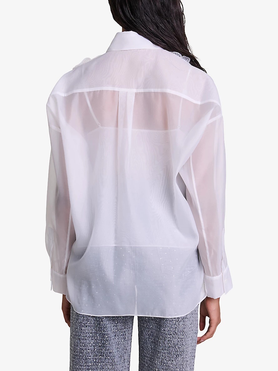 Flower-embroidered relaxed-fit organza woven shirt - 4