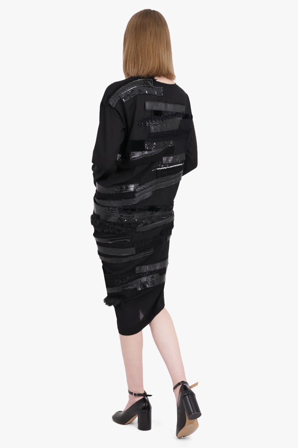 ASYMMETRIC L/S MIDI DRESS WITH LEATHER X SEQUIN PANELS | BLACK - 3