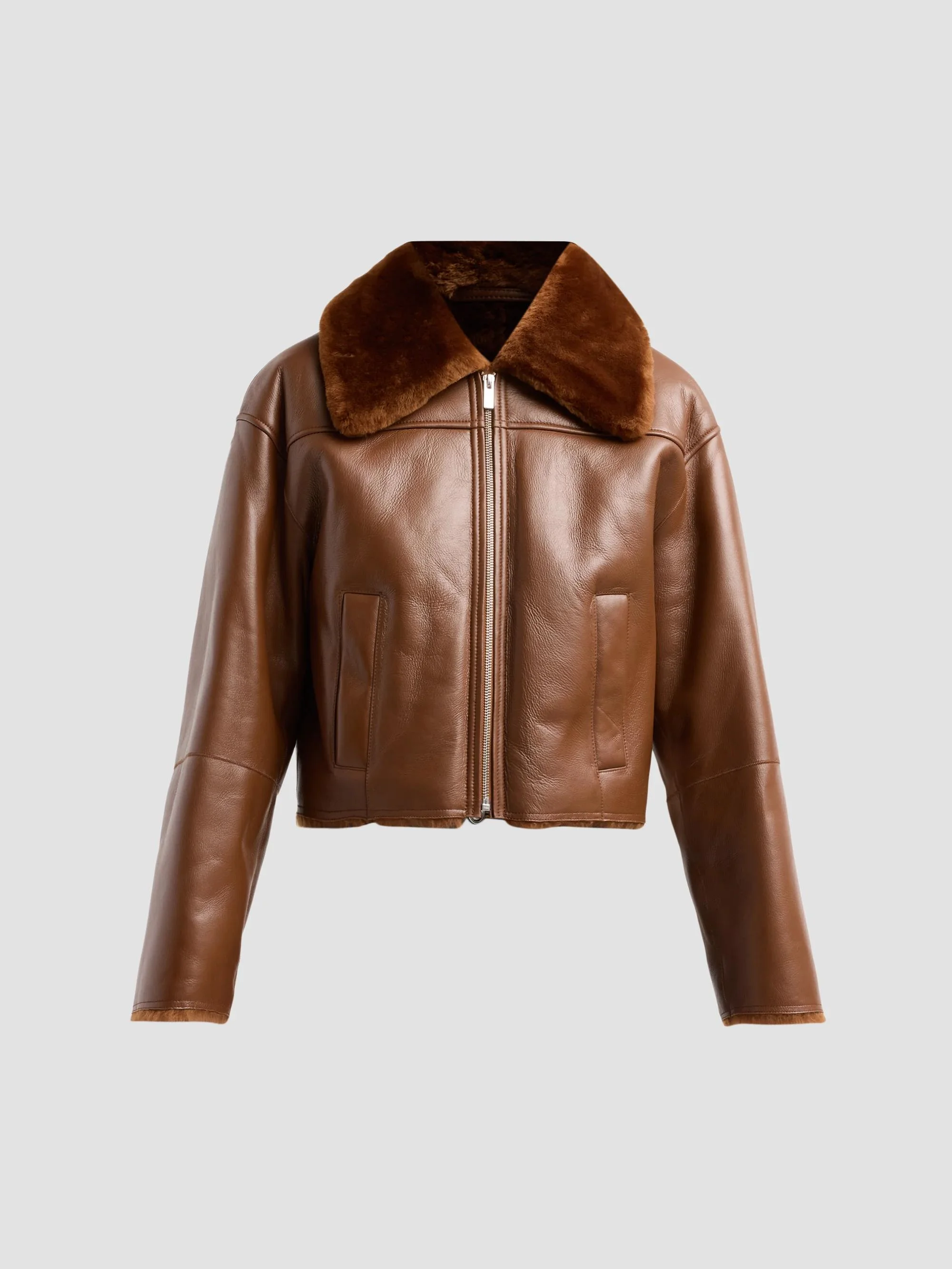 Women's Crop Shearling Jacket - Acacia Brown - 1