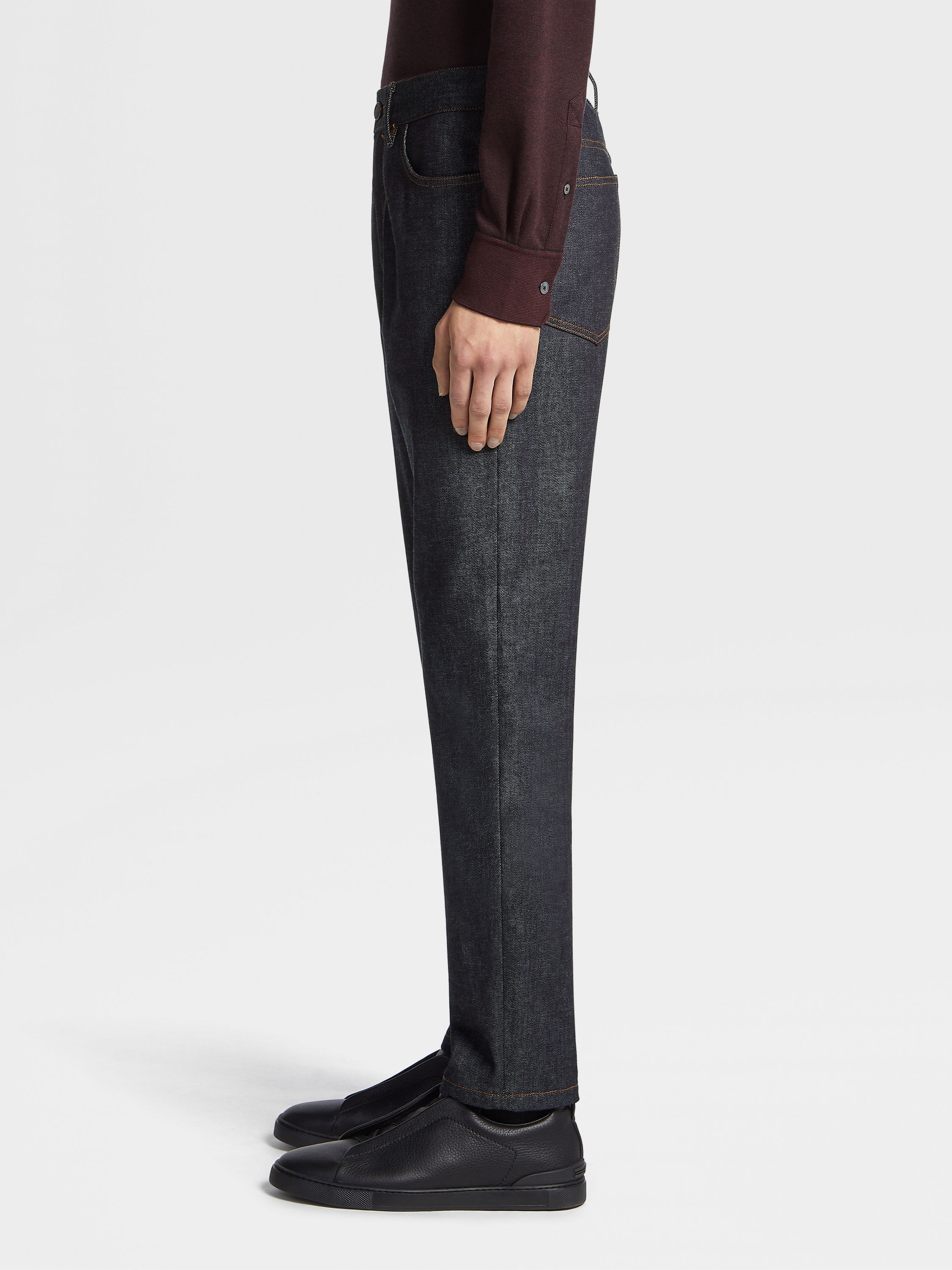 INK BLUE RINSE-WASHED COTTON AND CASHMERE ROCCIA JEANS - 4
