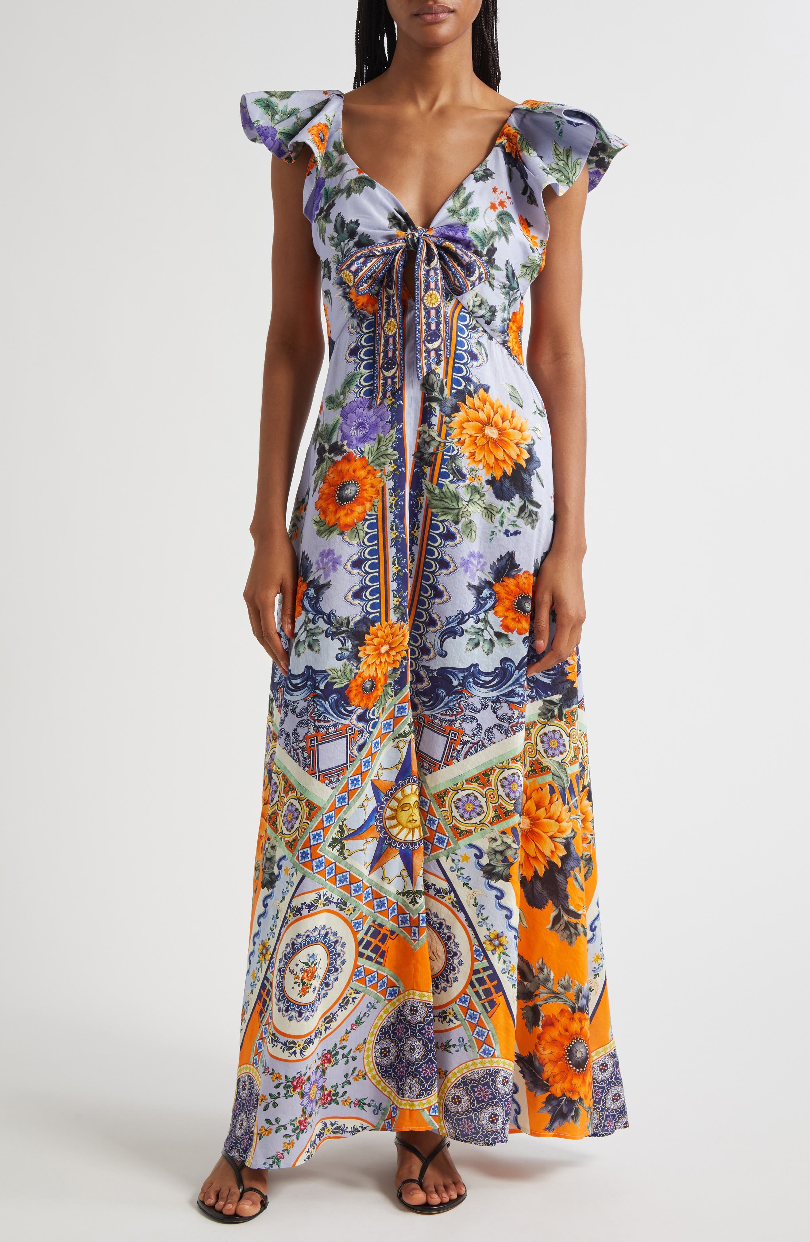 Camilla Luscious in Lisbon Tie Front Flutter Sleeve Linen & Silk Maxi Dress at Nordstrom - 1