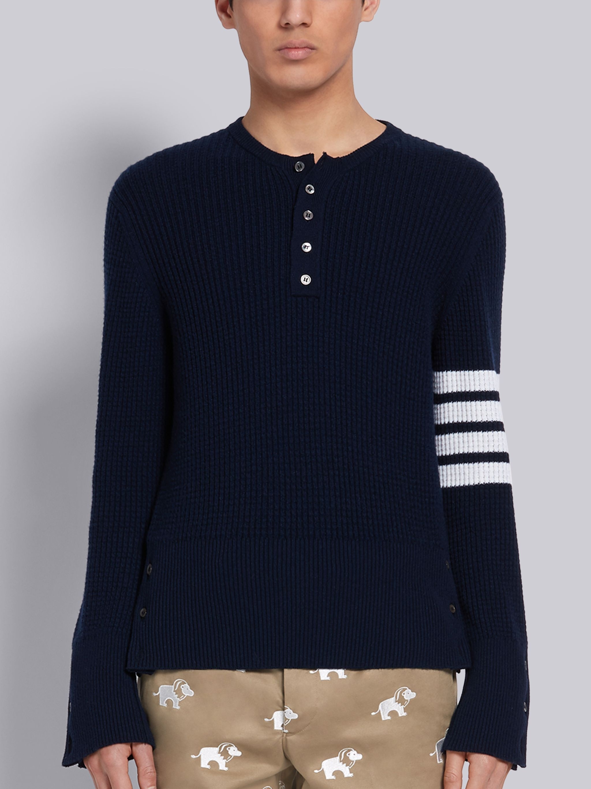 Navy Cashmere Waffle Stitch 4-Bar Stripe Henley - 1