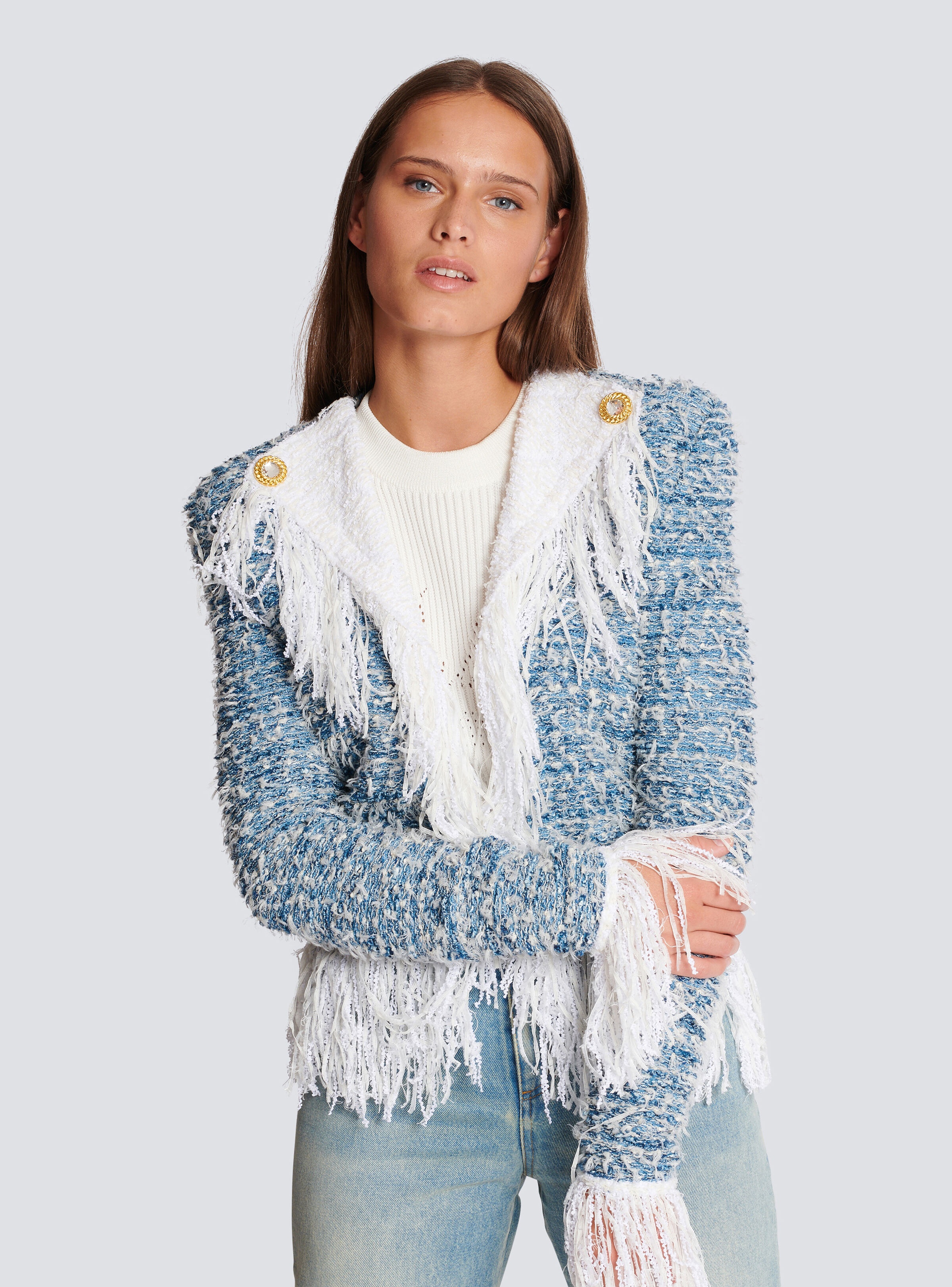 Fringed denim tweed jacket - 6