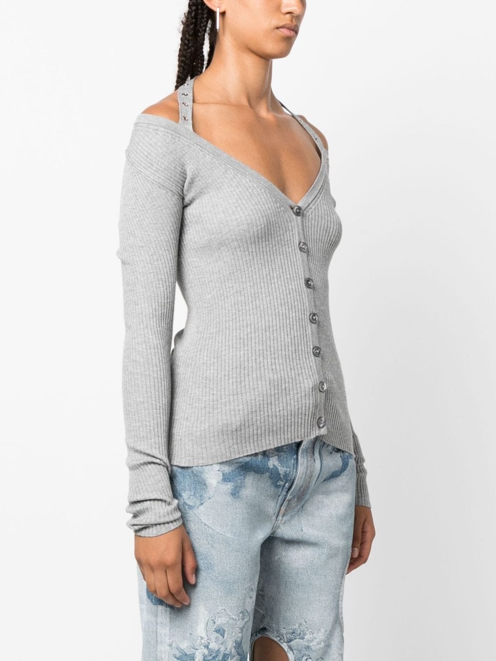 halterneck ribbed-knit cardigan - 3