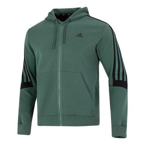 Men's adidas Stripe Logo Athleisure Casual Sports Knit Hooded Jacket Autumn Green HC5841 - 1