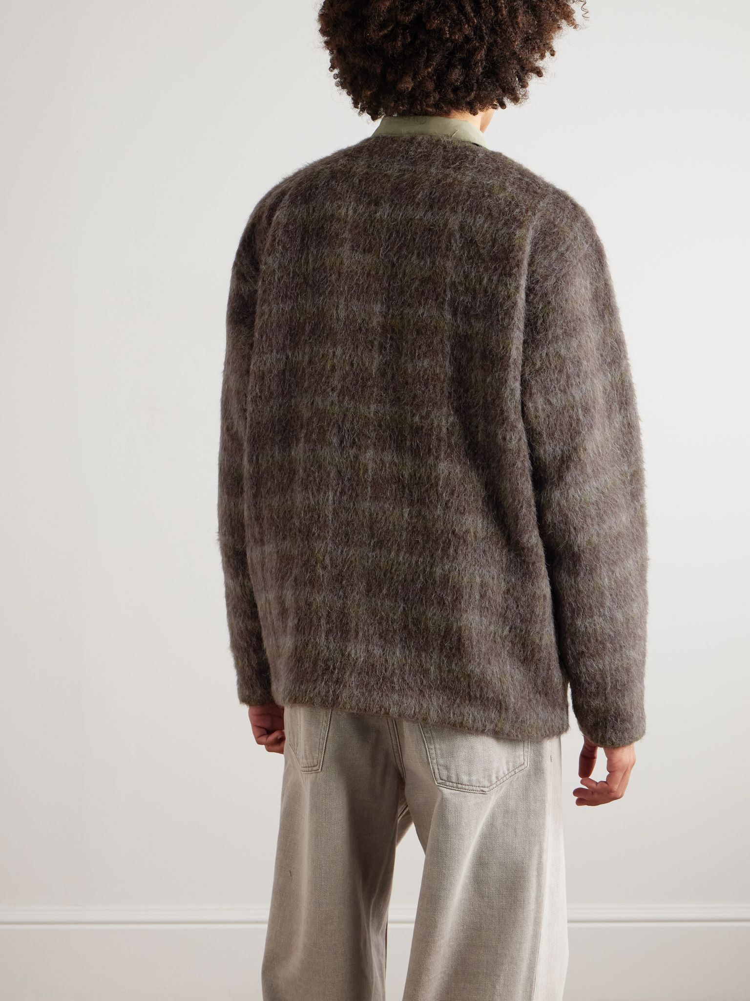 Checked Brushed-Knit Cardigan Brown - 4