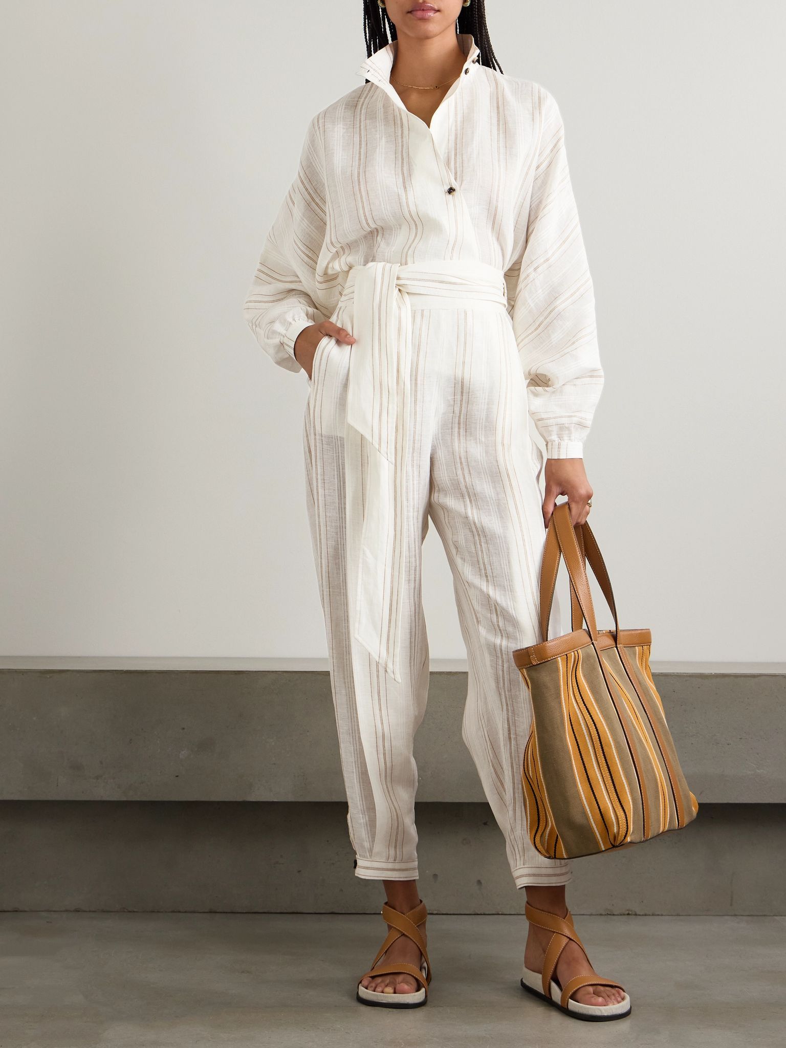 Gustel belted striped linen tapered pants White - 2