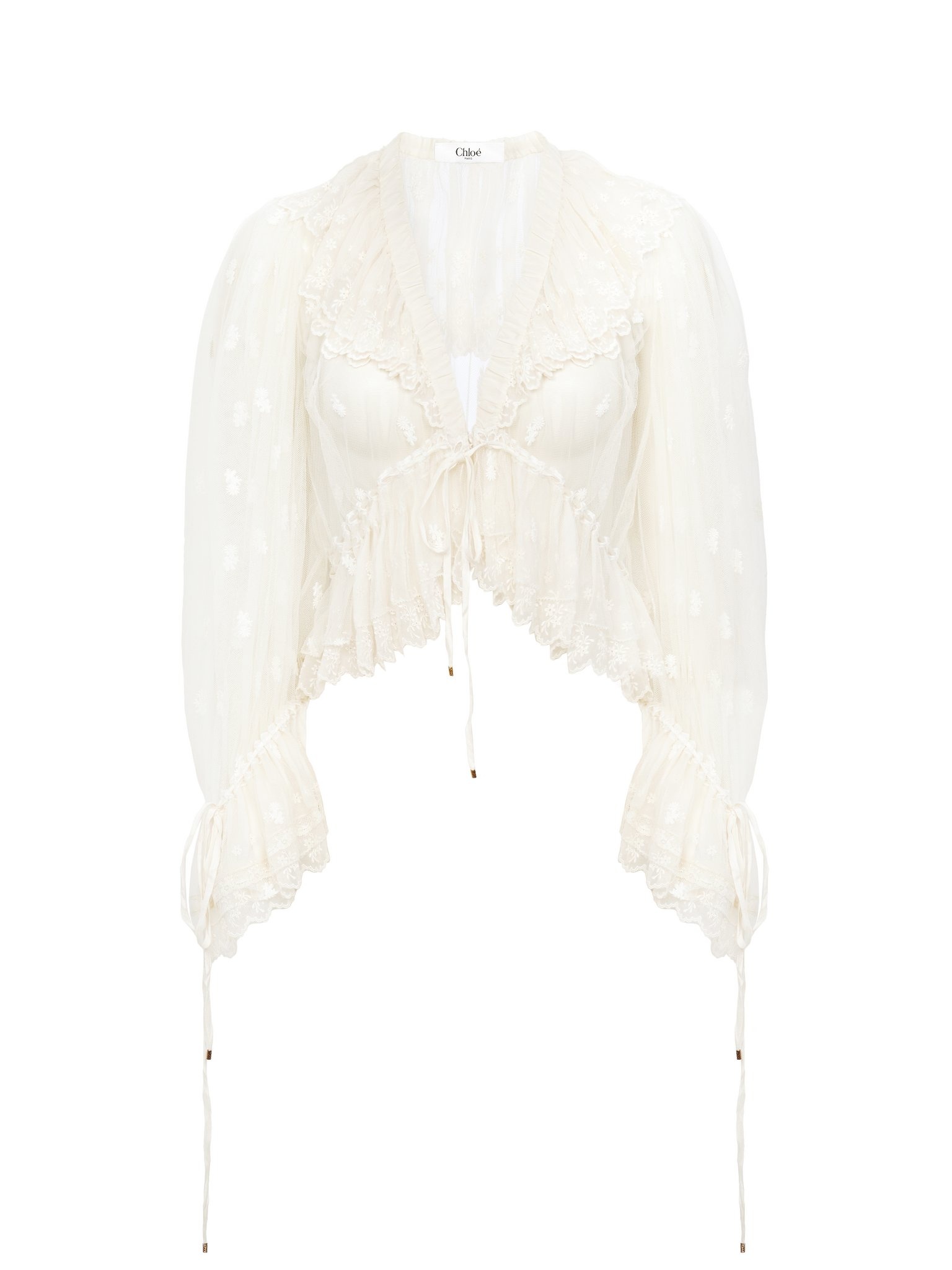 V-NECK RUFFLE TOP IN EMBROIDERED LACE - 1
