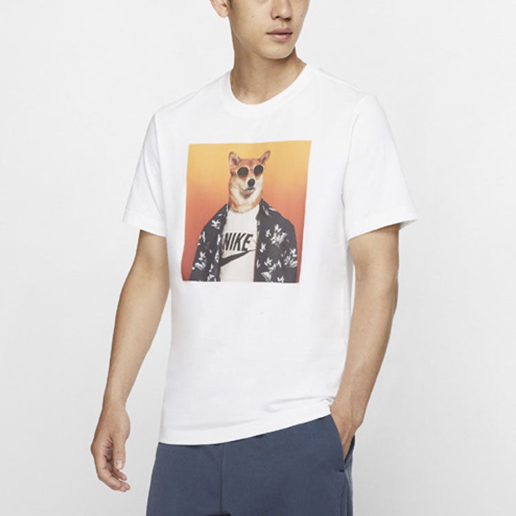 Nike Shiba Inu Printing Round Collar Sports Male White CT6313-100 - 3