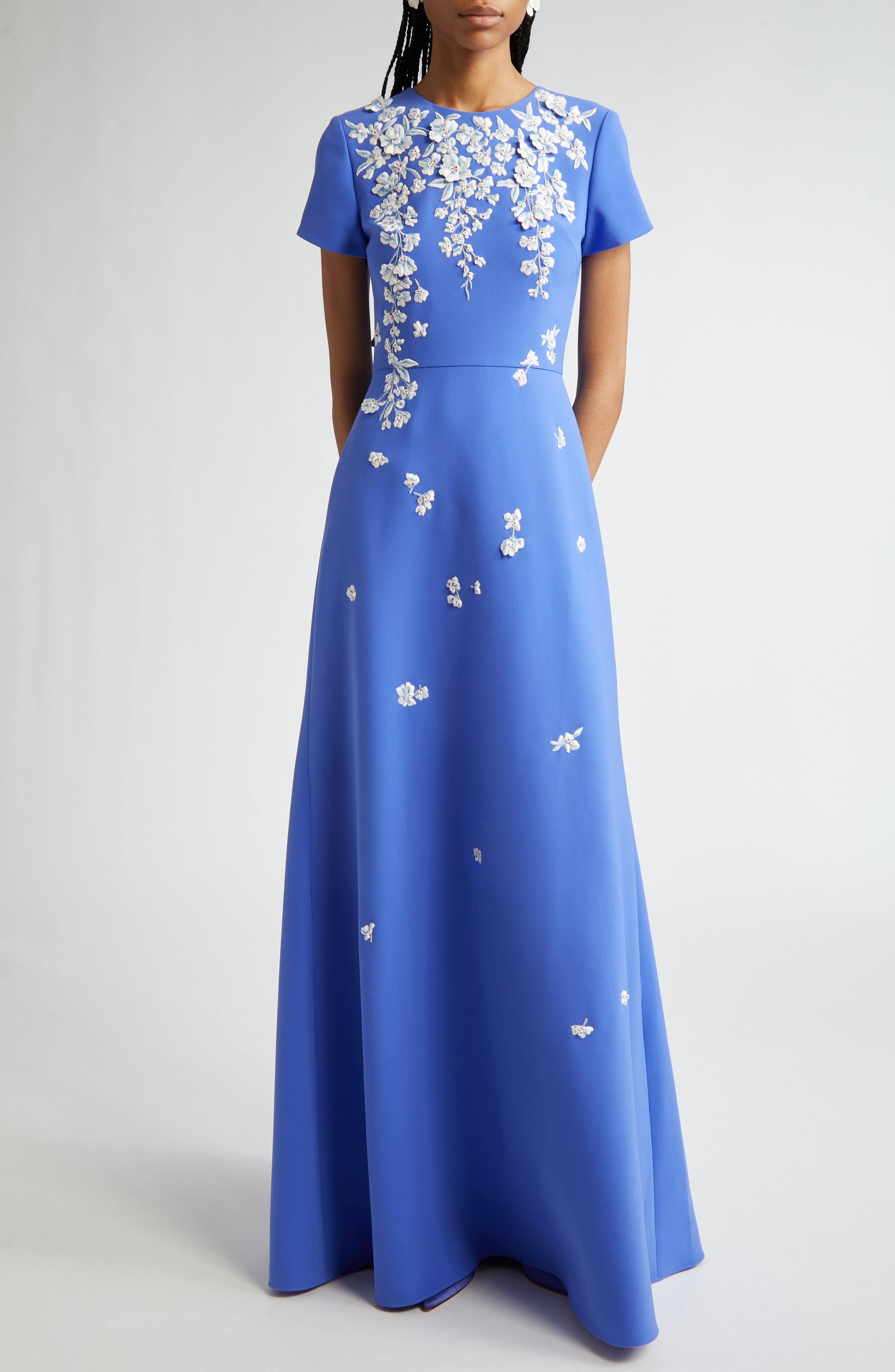 Carolina Herrera Floral Embroidered Stretch Crepe Gown with Bows in Delphinium Mult at Nordstrom - 1