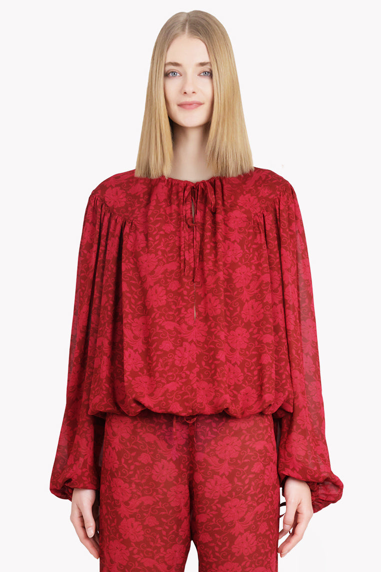 CATTI FLORAL PRINT L/S TIE BLOUSE | CHERRY RED - 2