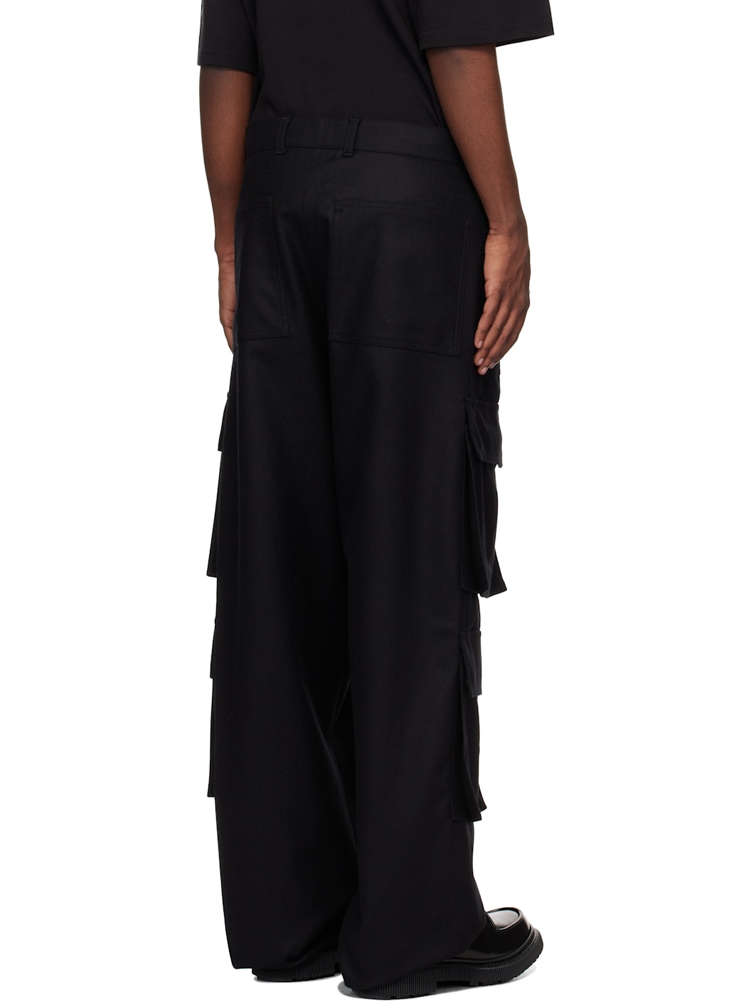 Black Flannel Wool Wide Leg Cargo Pants - 3
