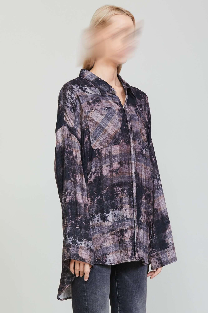 DROP NECK WORKSHIRT - BLEACHED BLACK PLAID 2