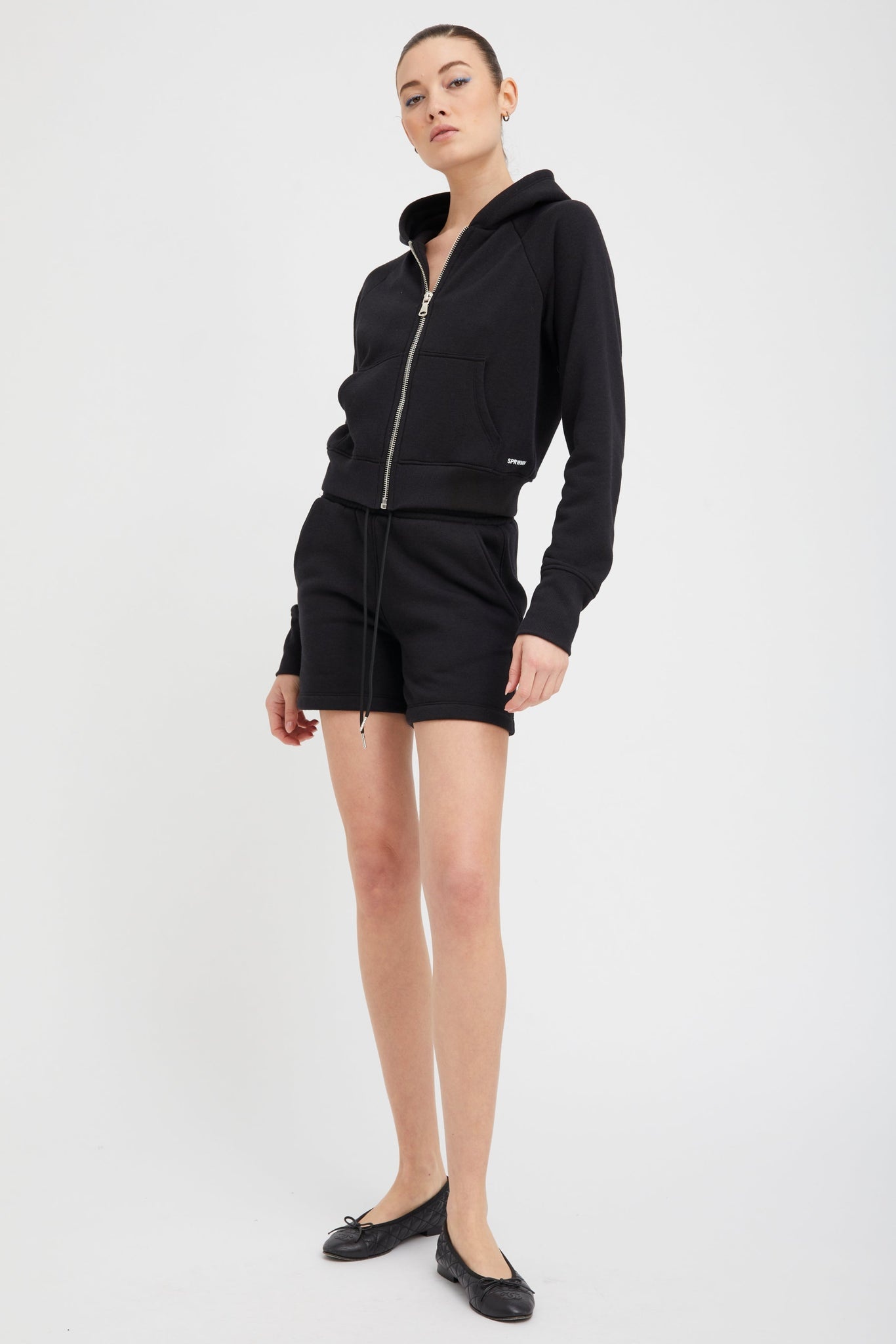 BLACK SHRUNKEN ZIP UP HOODIE - 2