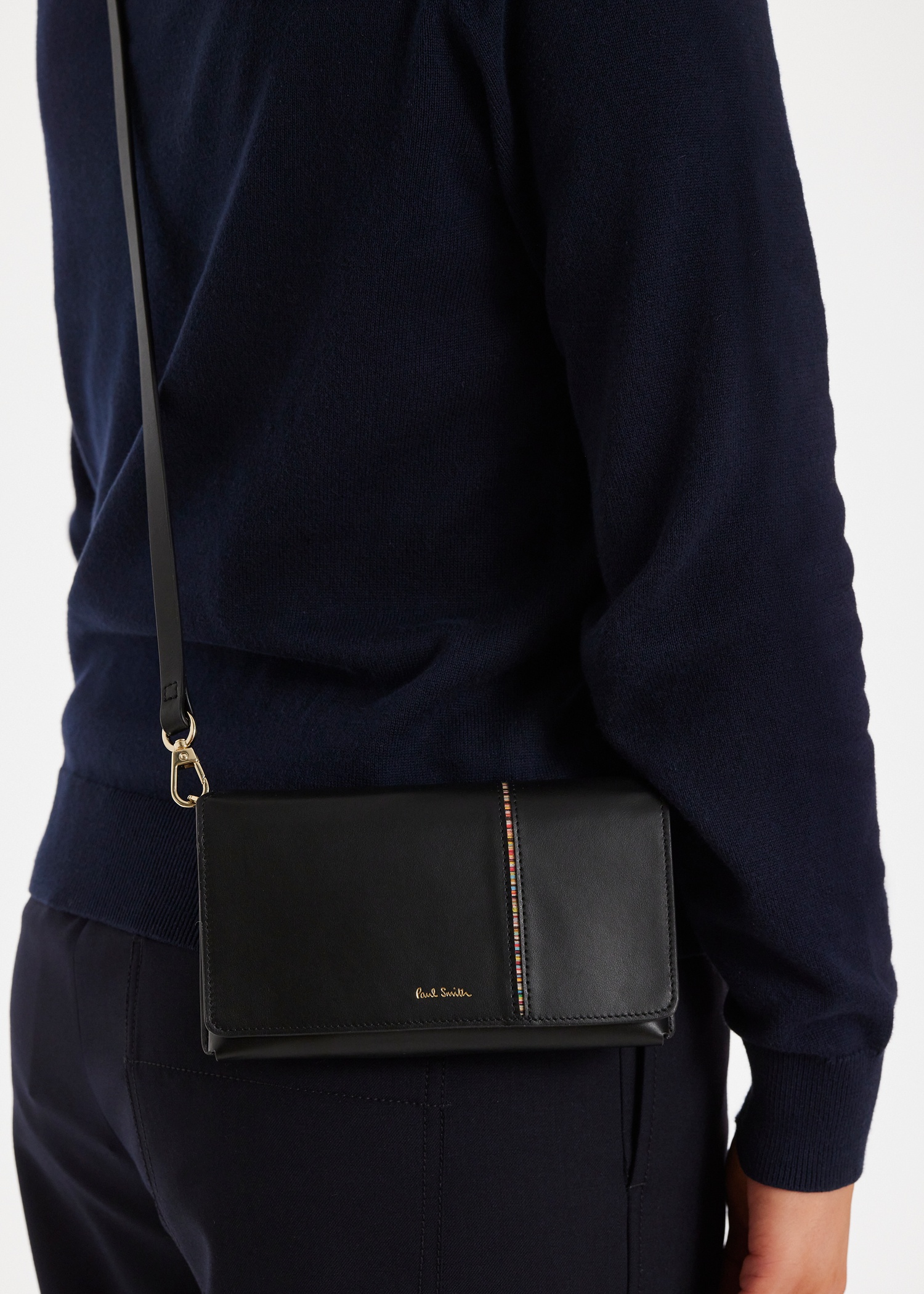Women's Black Leather 'Signature Stripe' Phone Bag - 6