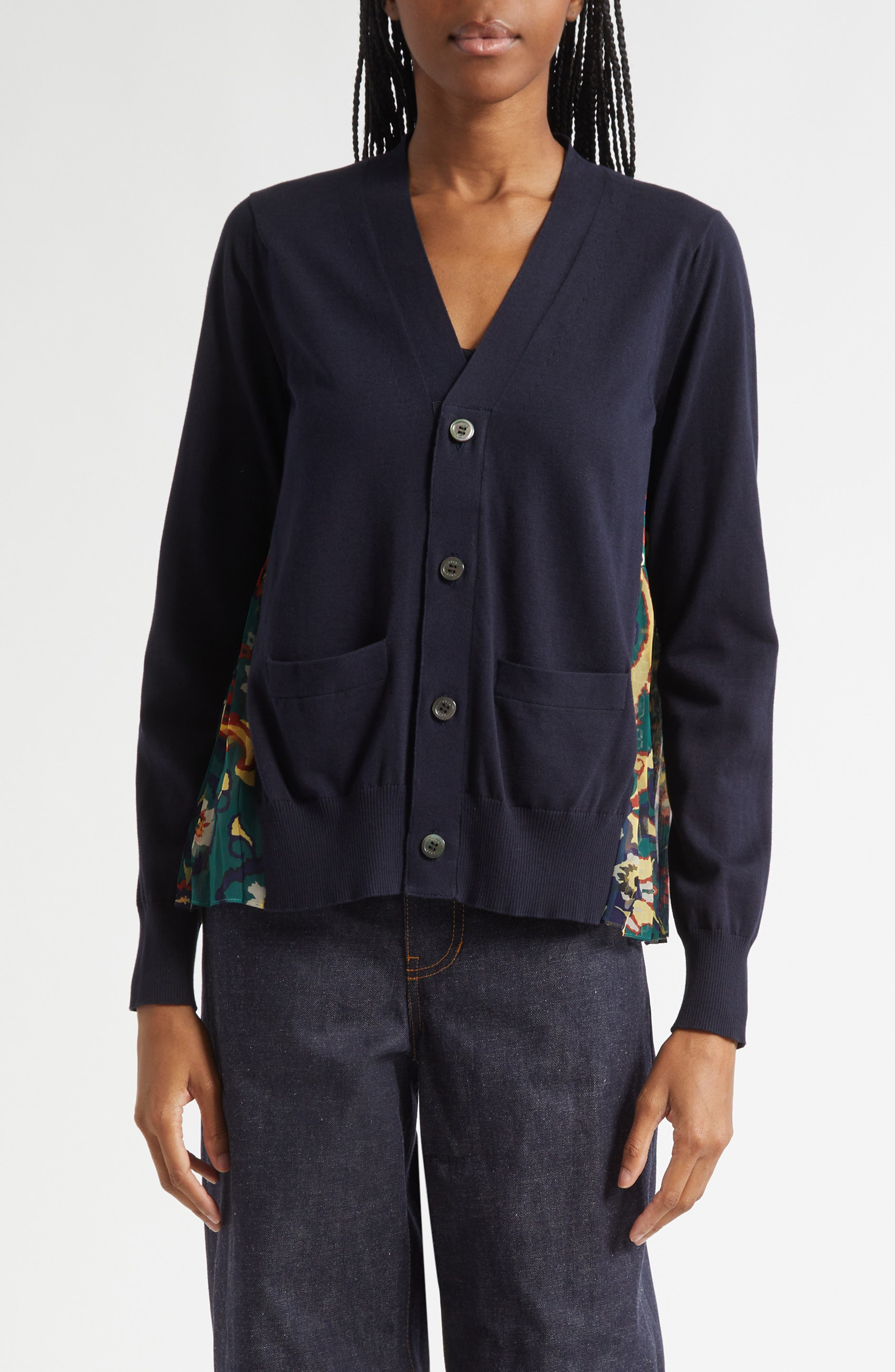 Sacai Floral Panel Mixed Media Cardigan in Navy/Green at Nordstrom - 1