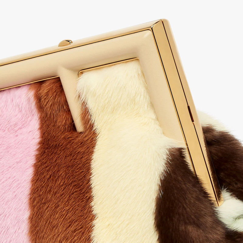 Small Fendi First bag in soft mink with hand inlays to create a multicolored diagonal striped motif. 5