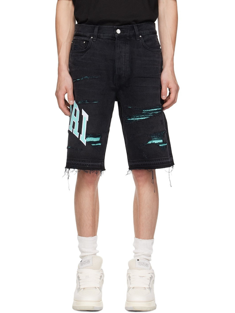 Black Embroidered Varsity Logo Repair Denim Shorts - 1