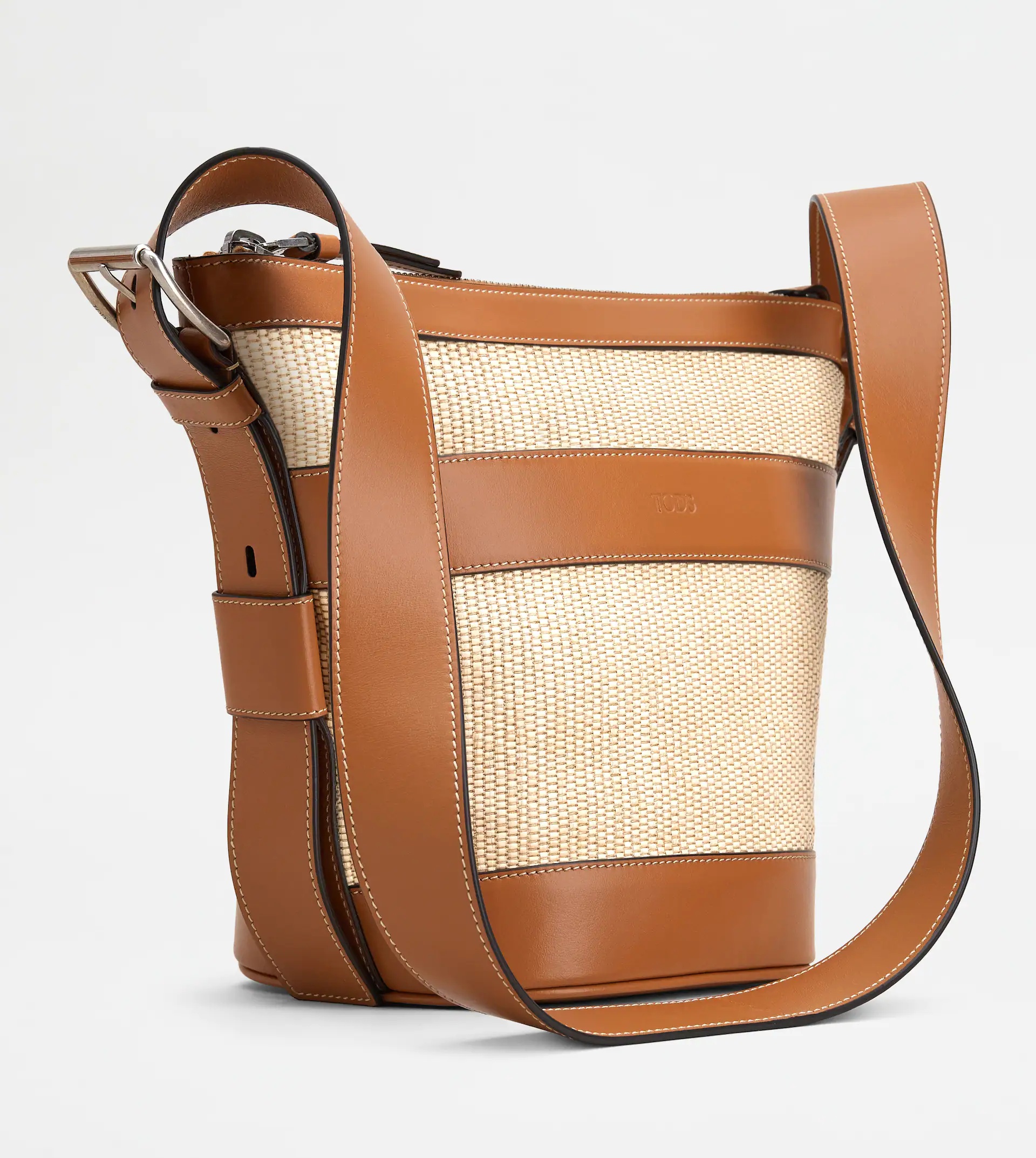 RAFFIA AND LEATHER BUCKET BAG SMALL - BROWN - 2