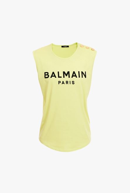 Lime green cotton T-shirt with flocked black Balmain logo - 1