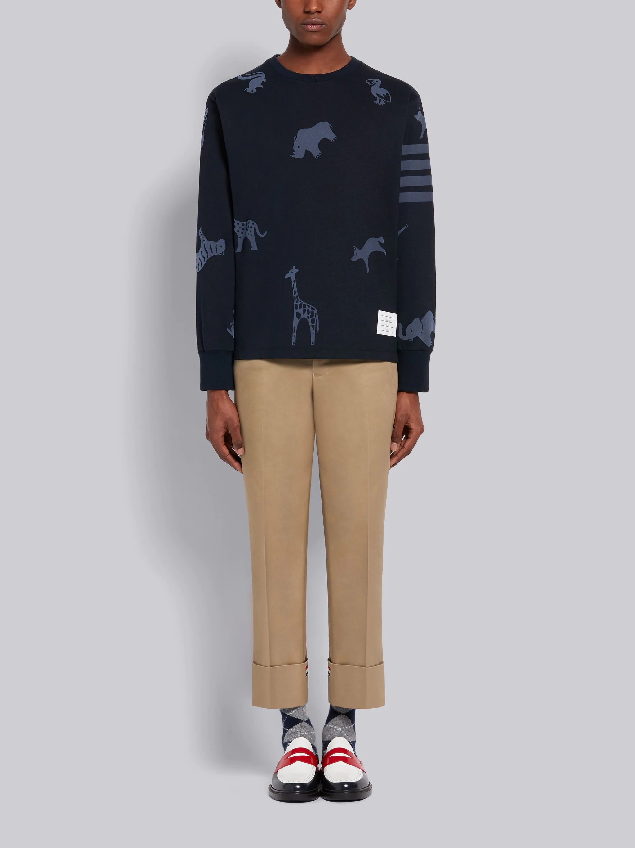 Navy Cotton Jersey Tonal Multi-Animal Icon 4-Bar Long Sleeve Tee - 4