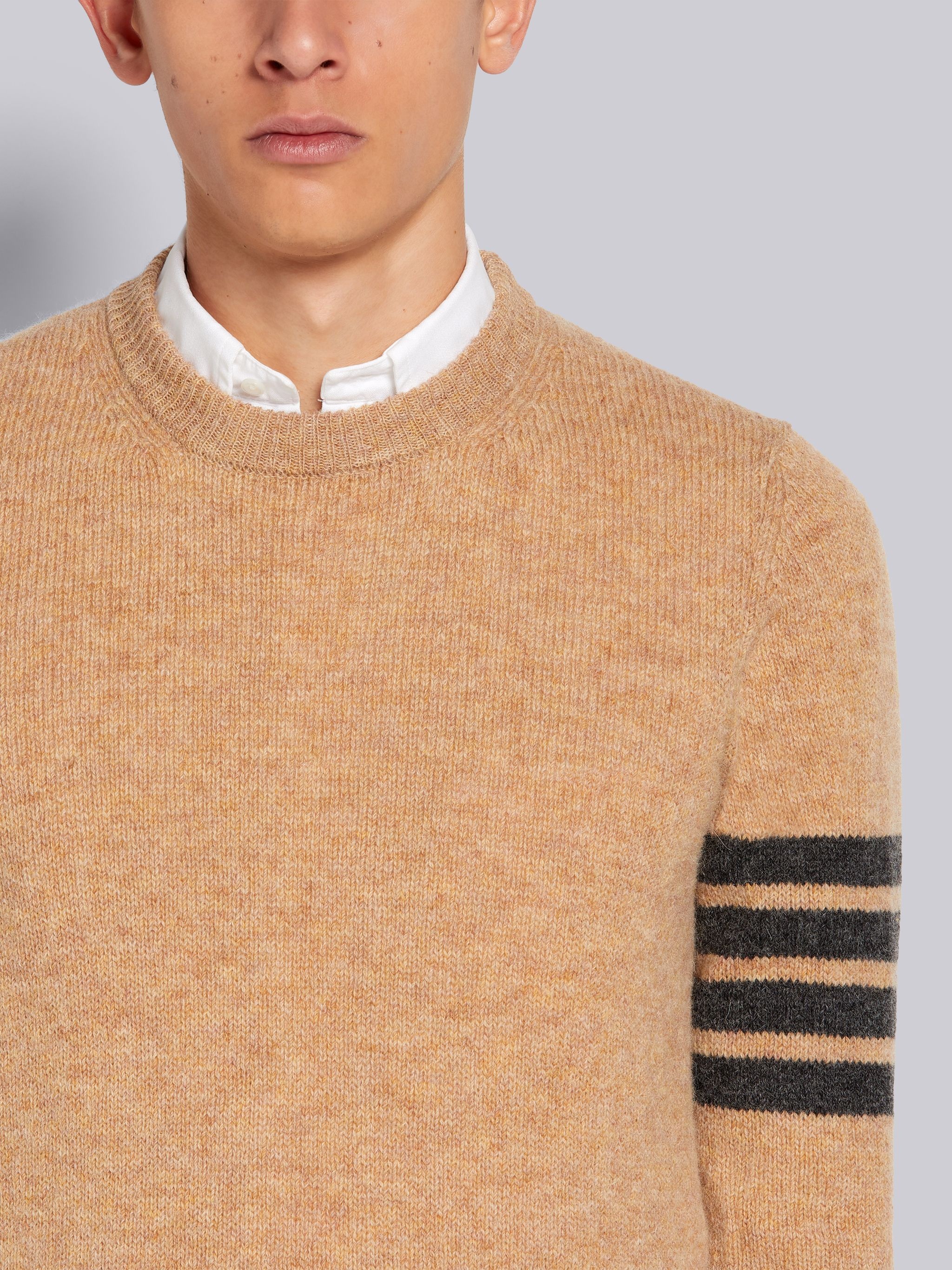 Camel Shetland Wool Jersey Stitch 4-Bar Stripe Classic Crew Neck Pullover - 5