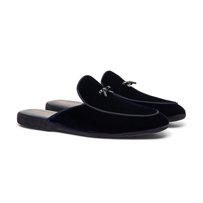 Santoni Men’s blue velvet slipper with bow detail outlook
