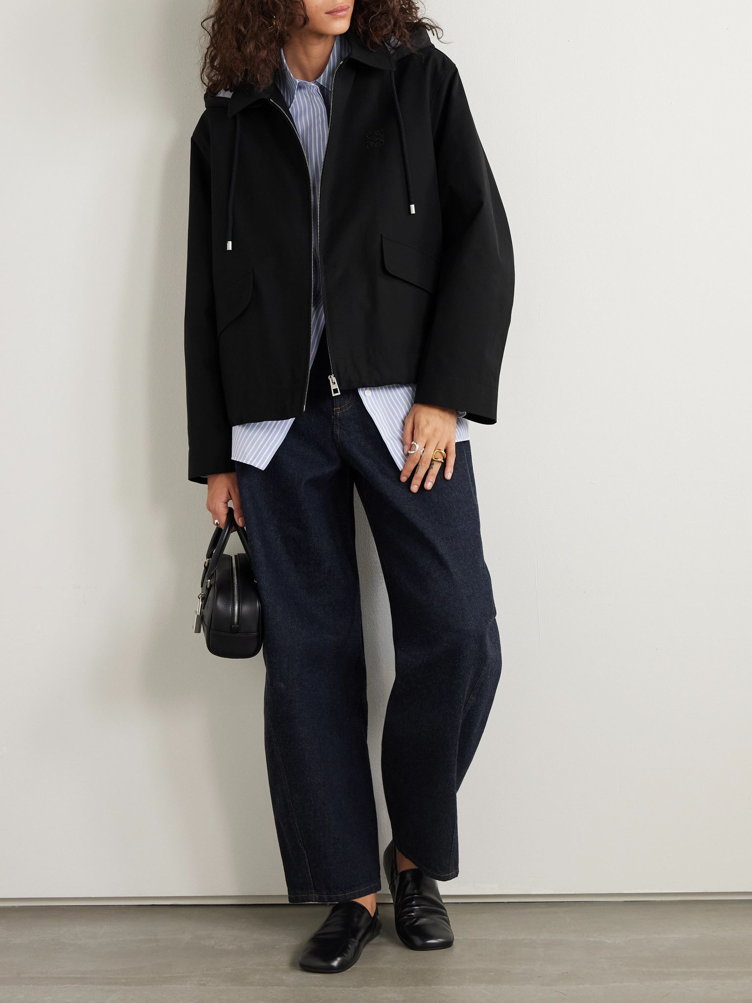 Hooded striped poplin-paneled embroidered cotton-twill jacket Black - 2