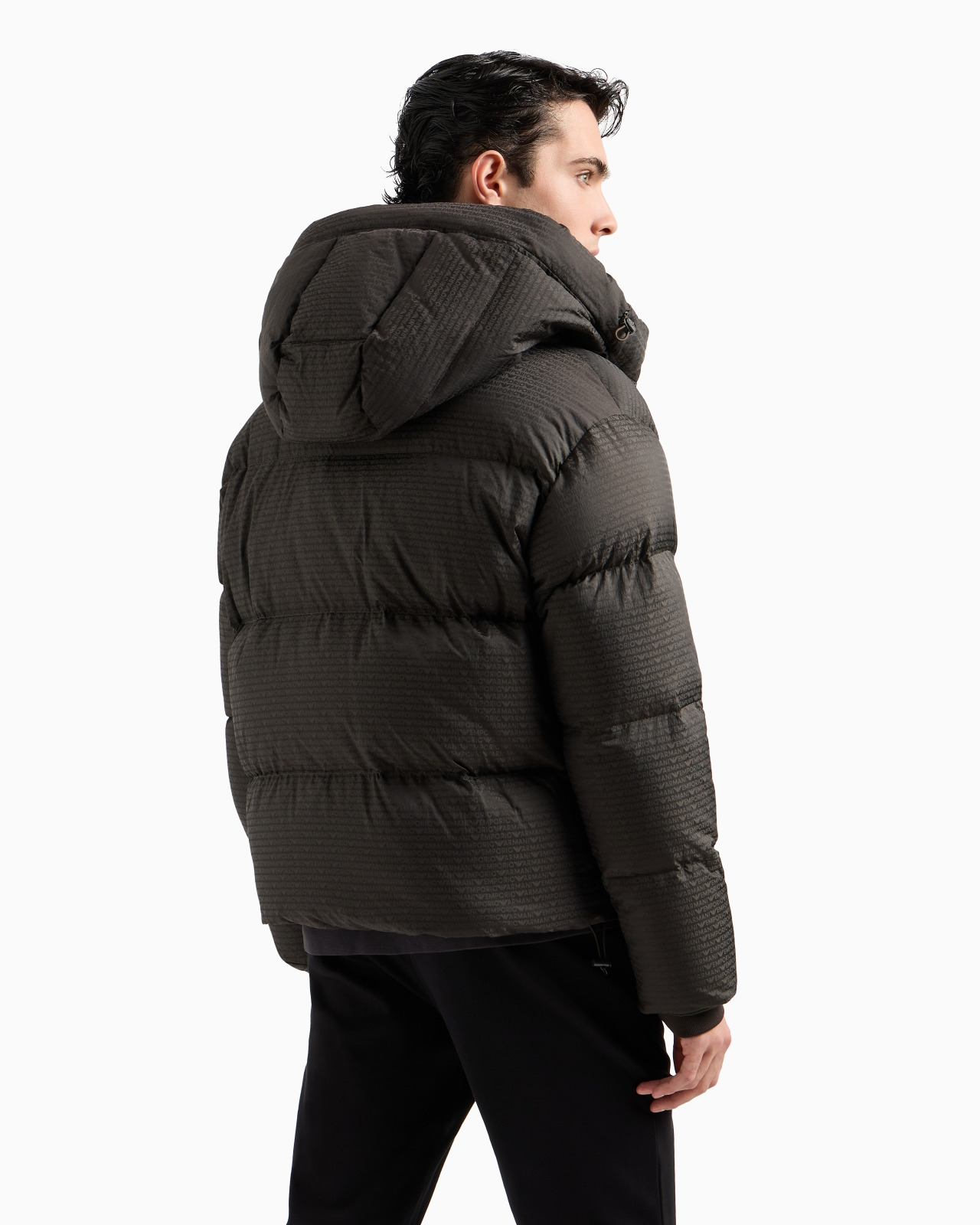 Zipped, hooded down jacket in jacquard nylon with all-over logo lettering - 3