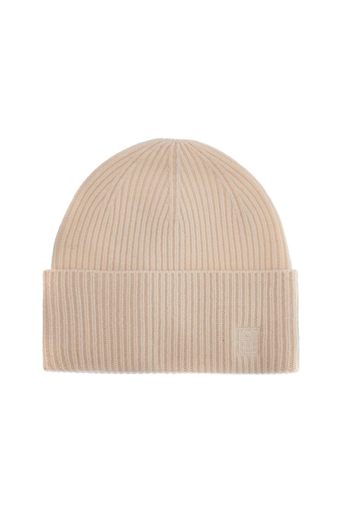 BEIGE RIBBED WOOL BEANIE WITH EMBROIDERED LOGO - 1