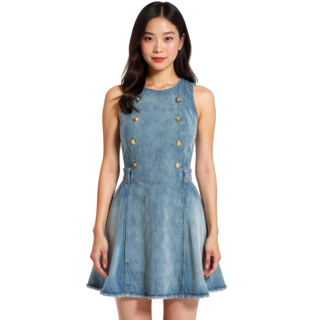 Button Flare Light Blue Denim Dress - 2
