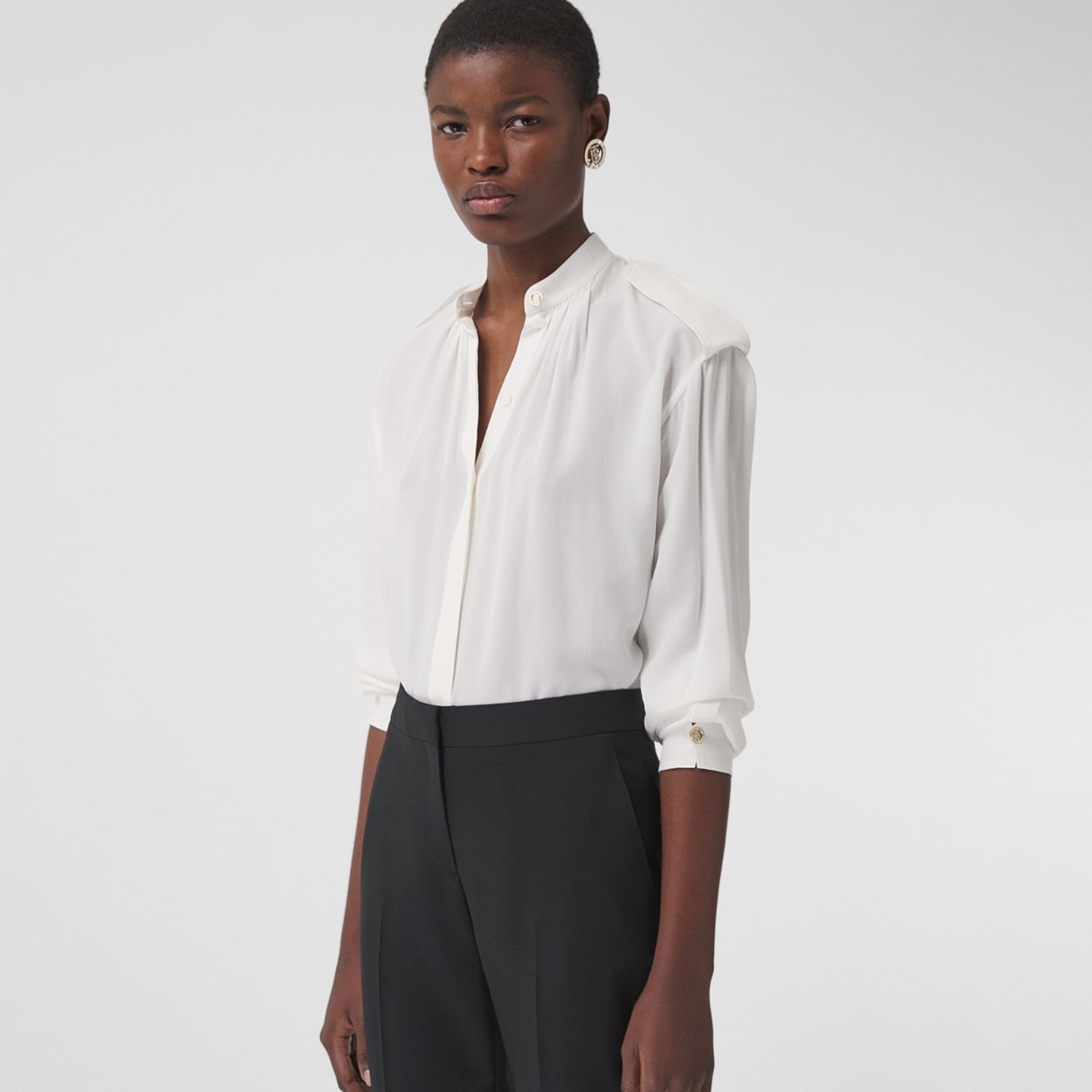 Epaulette Detail Silk Crepe de Chine Shirt - 2