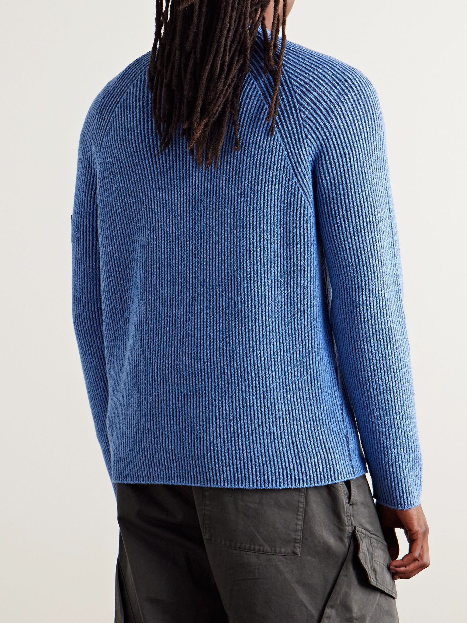 Logo-Appliquéd Ribbed Wool-Blend Mock-Neck Sweater Blue - 3