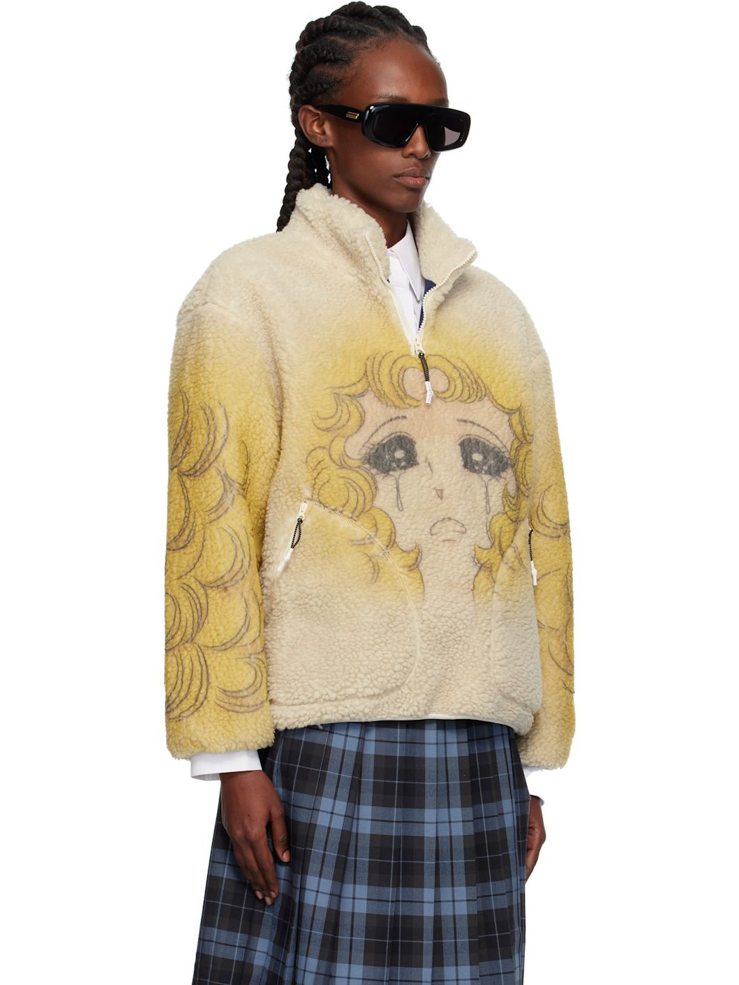 Yellow & Beige Crying Girl Half Zip Up Fleece Sweater - 2