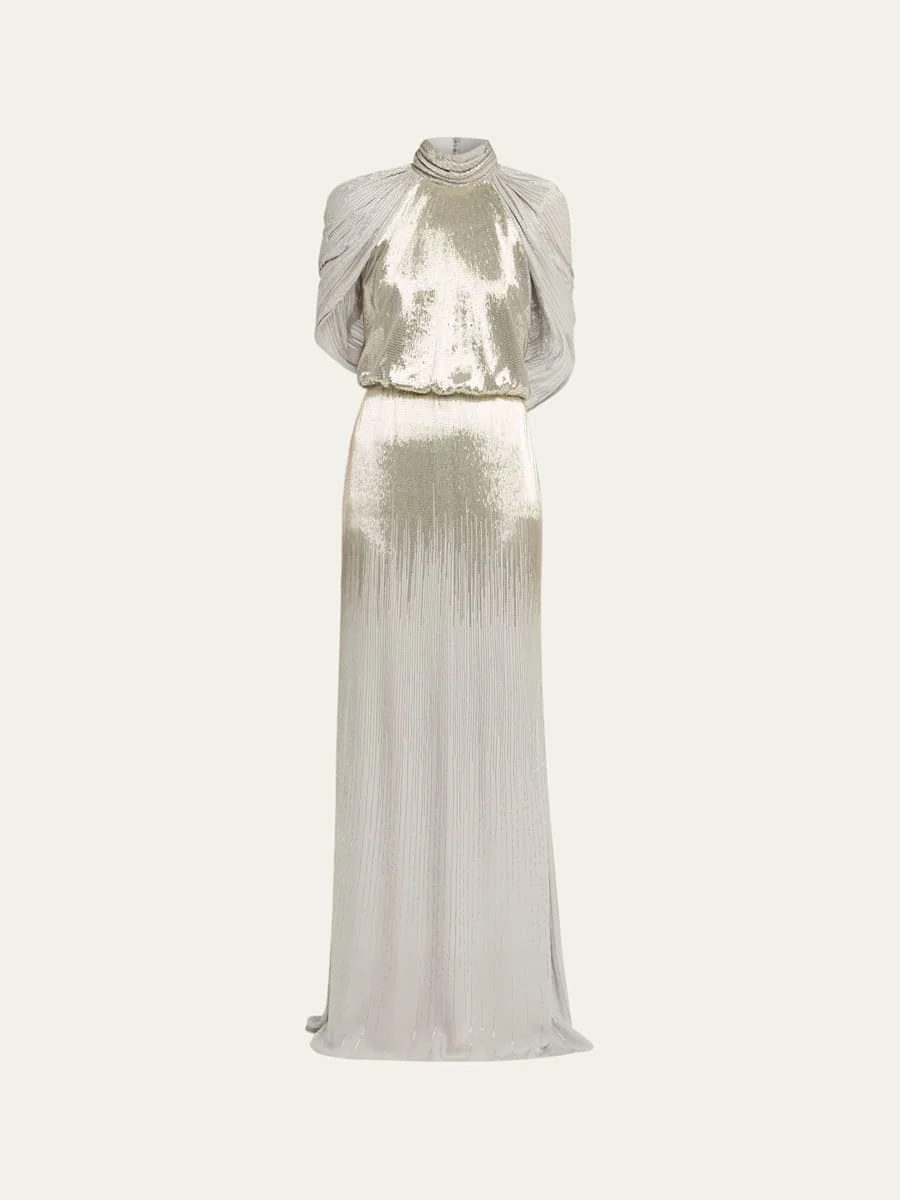 Draped Cap-Sleeve Degrade Beaded Gown - 1