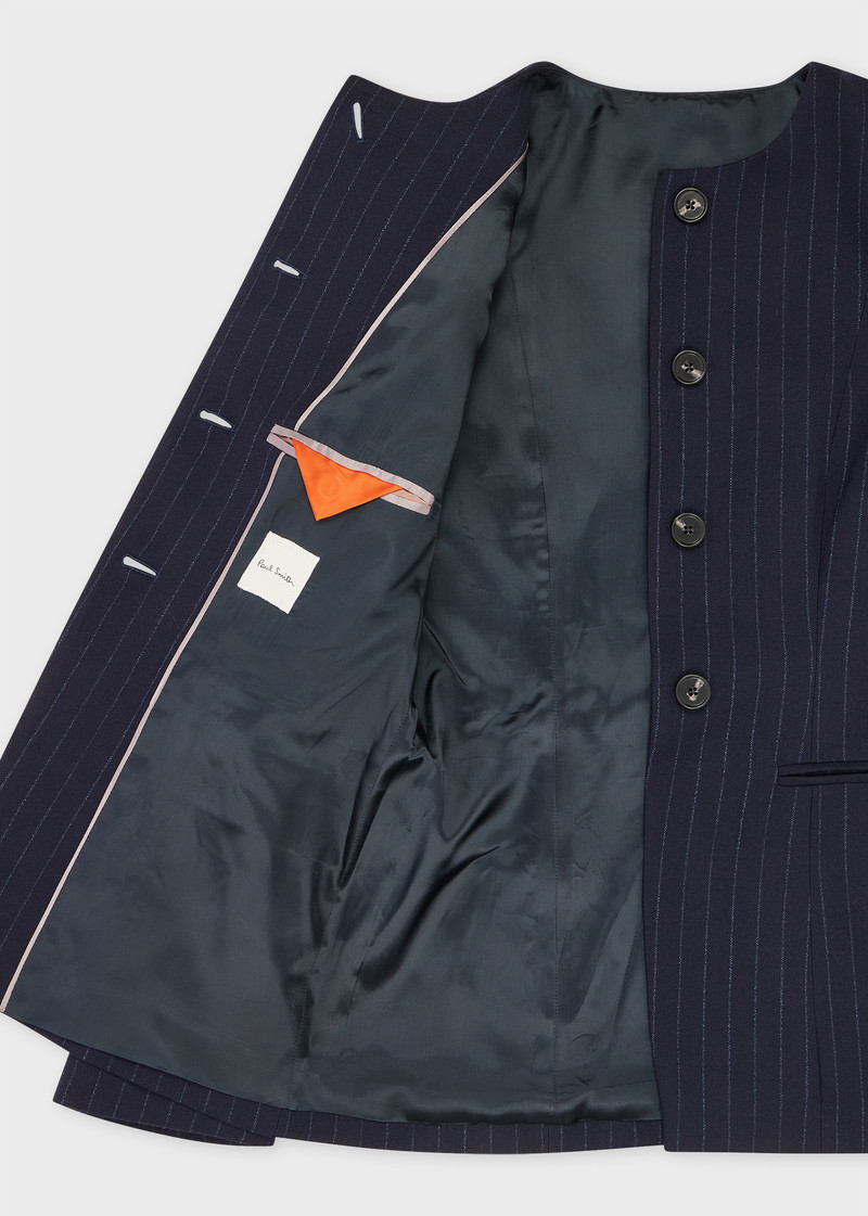 Women's Navy Stripe Collarless Suit 4