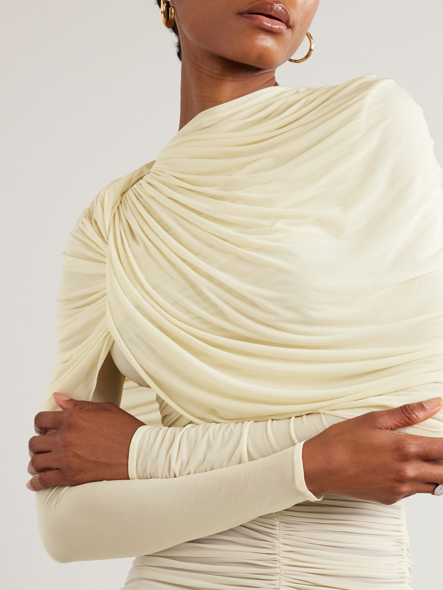 Draped cape-effect ruched stretch-tulle dress Cream - 5
