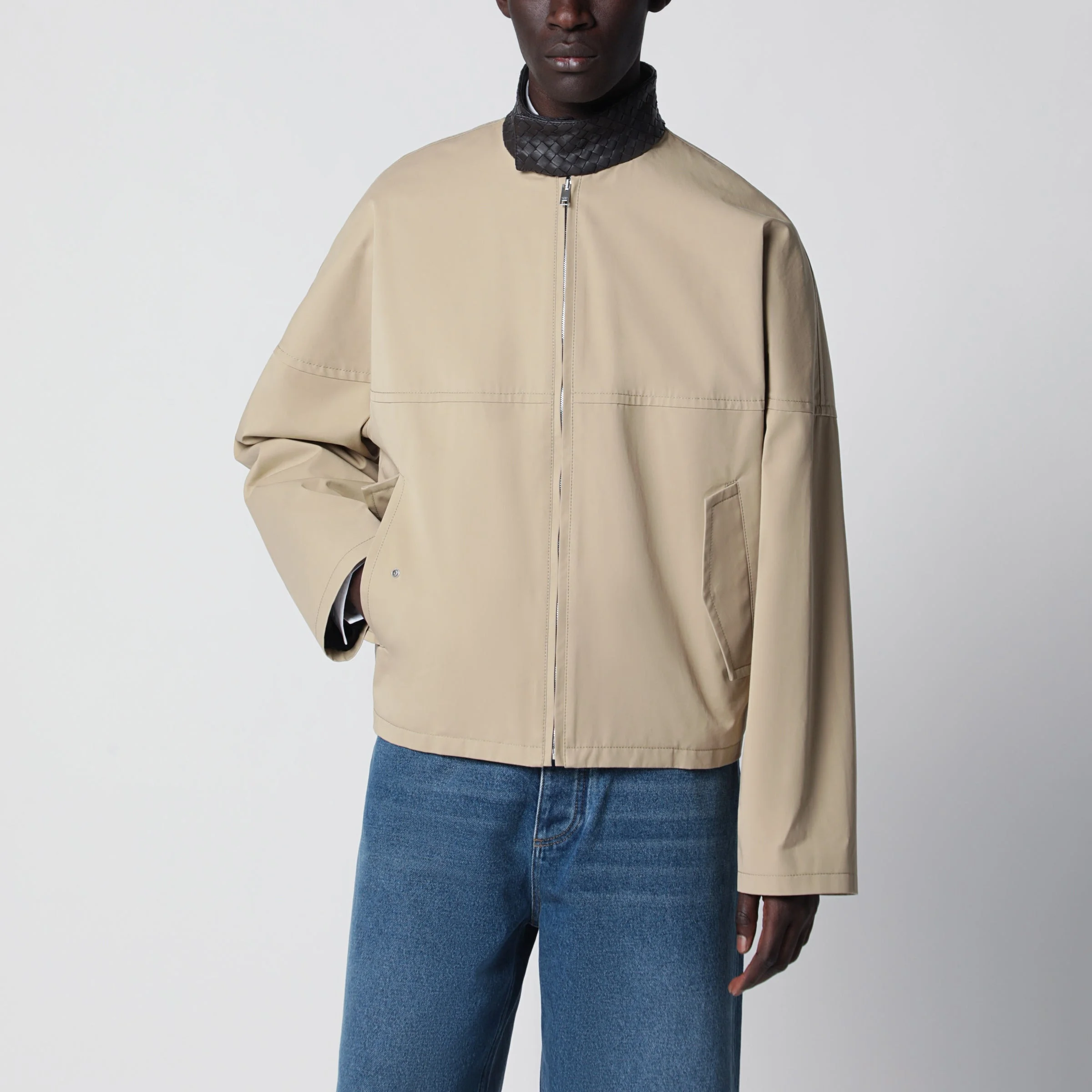 Beige cotton jacket with Intrecciato collar - 1