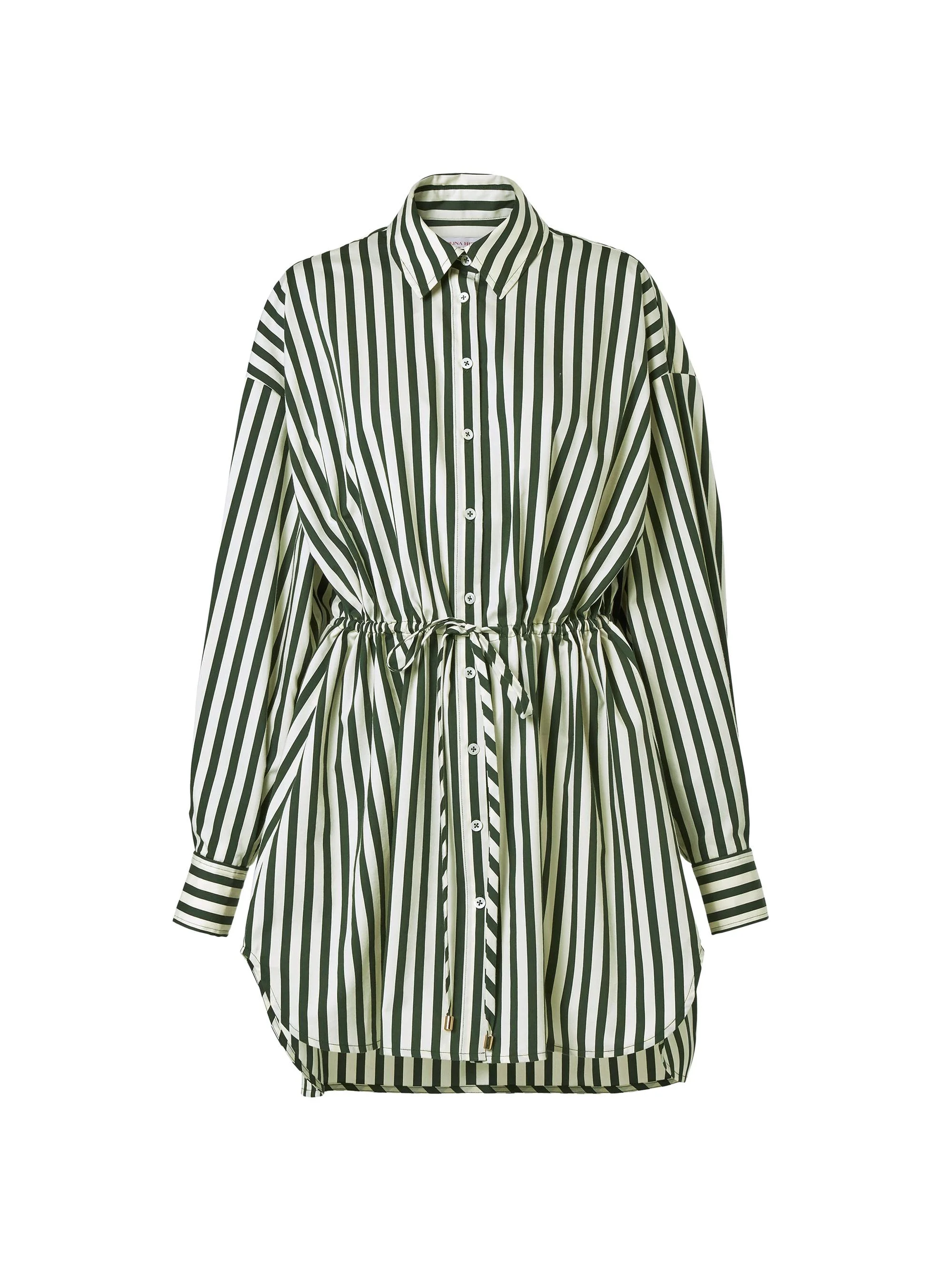 Women's Striped Long-Sleeve Mini Shirtdress - Ivory Racing Green - 1