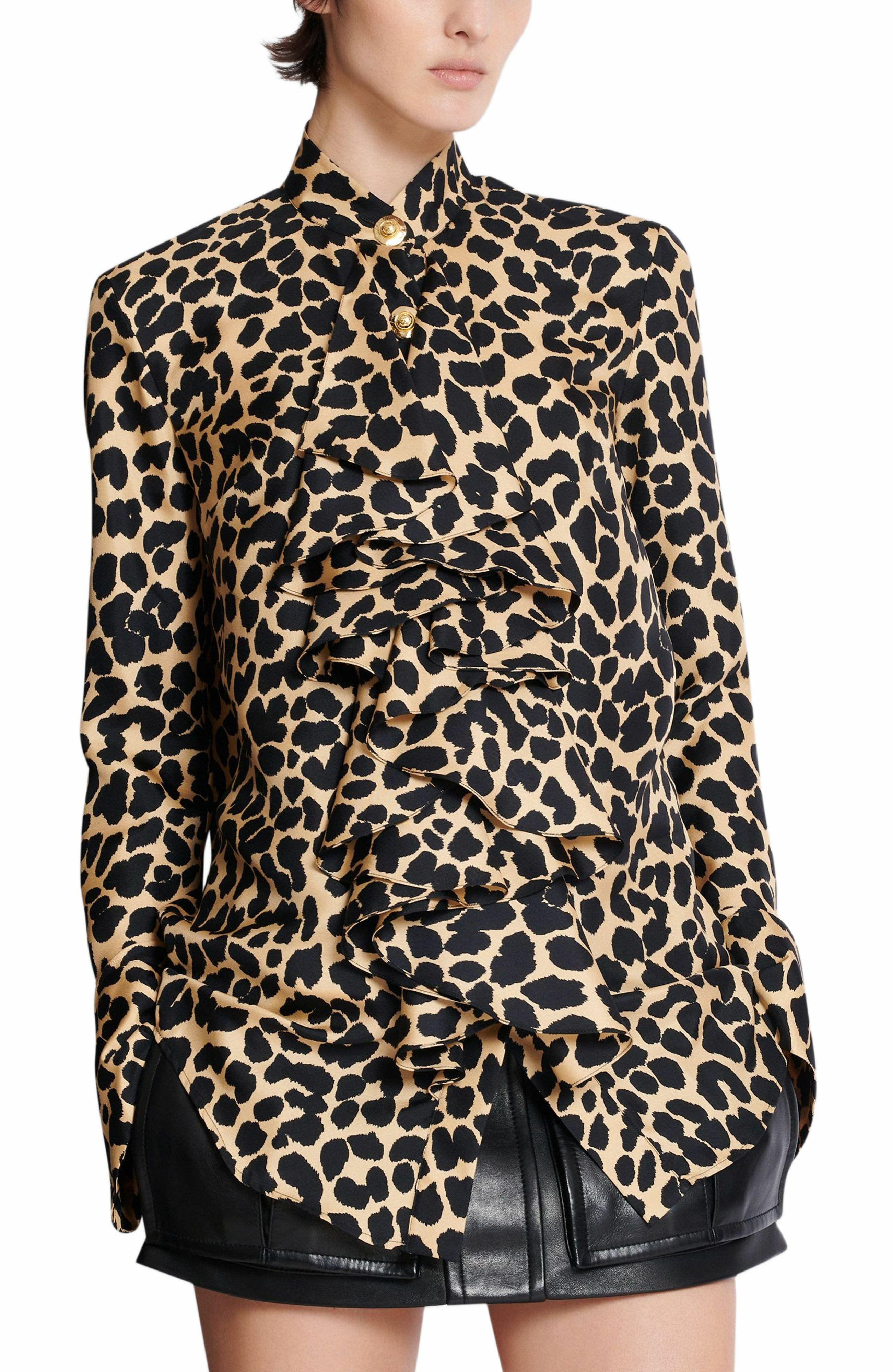 Balmain Leopard Print Ruffled Shirt in Black at Nordstrom - 6