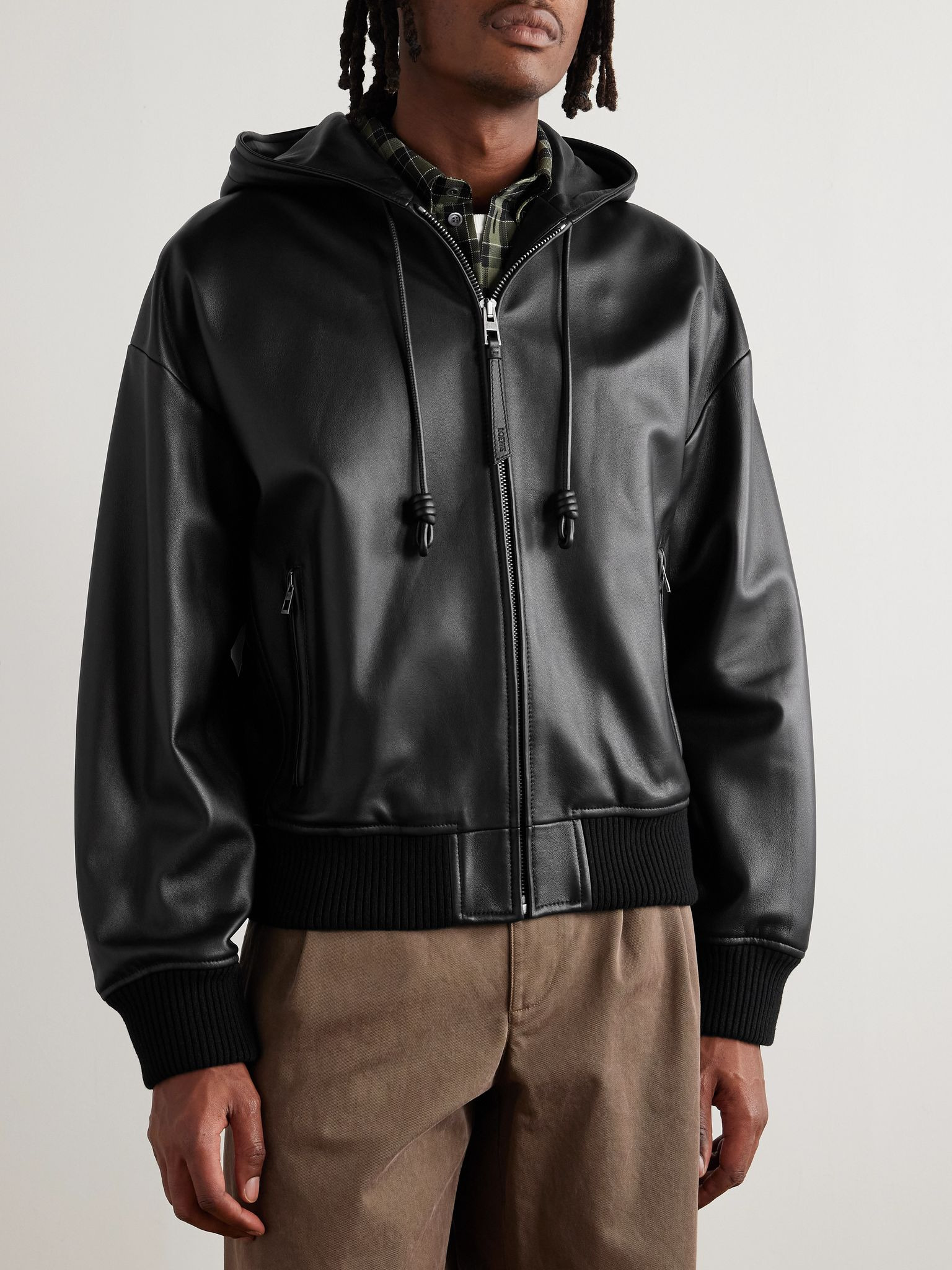Leather Hooded Bomber Jacket Black - 3
