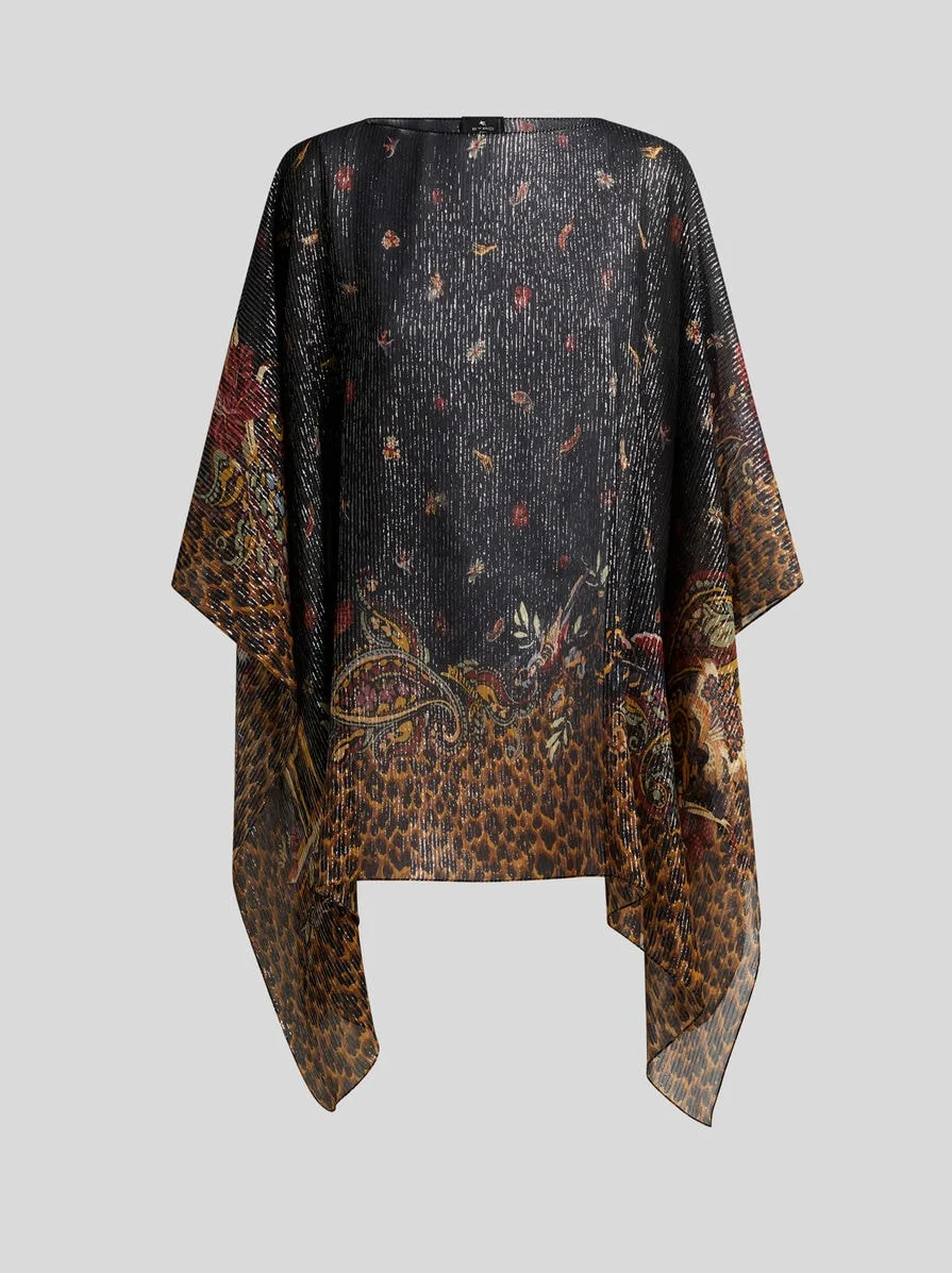 SILK PONCHO TOP WITH STRIPED ANIMAL AND FLORAL PAISLEY MOTIF - 1