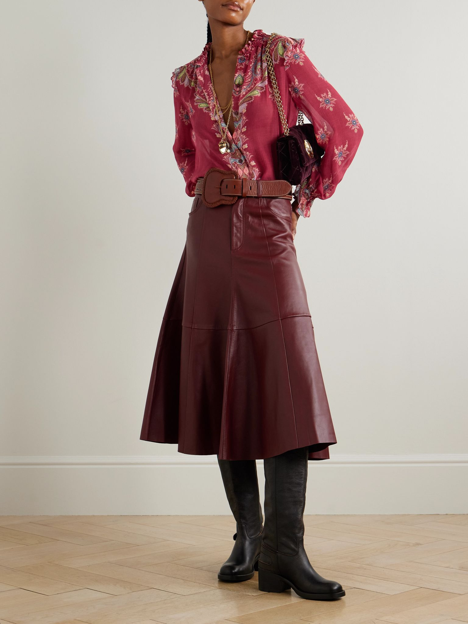 Boho ruffled printed chiffon blouse Red - 2