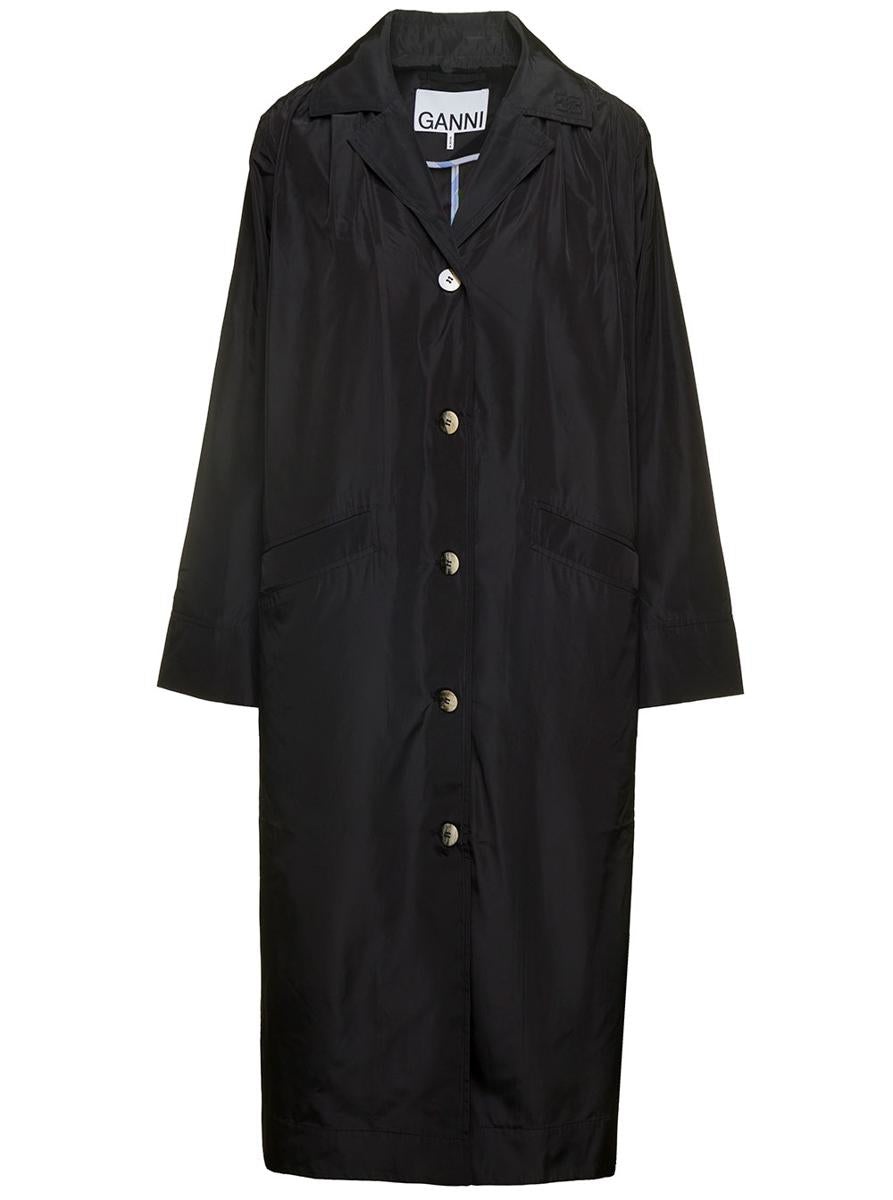 コート Ganni GANNI summer LONG single breasted coat F8403 099 Black Black Bonded Cotton Trench Coat | GANNI US