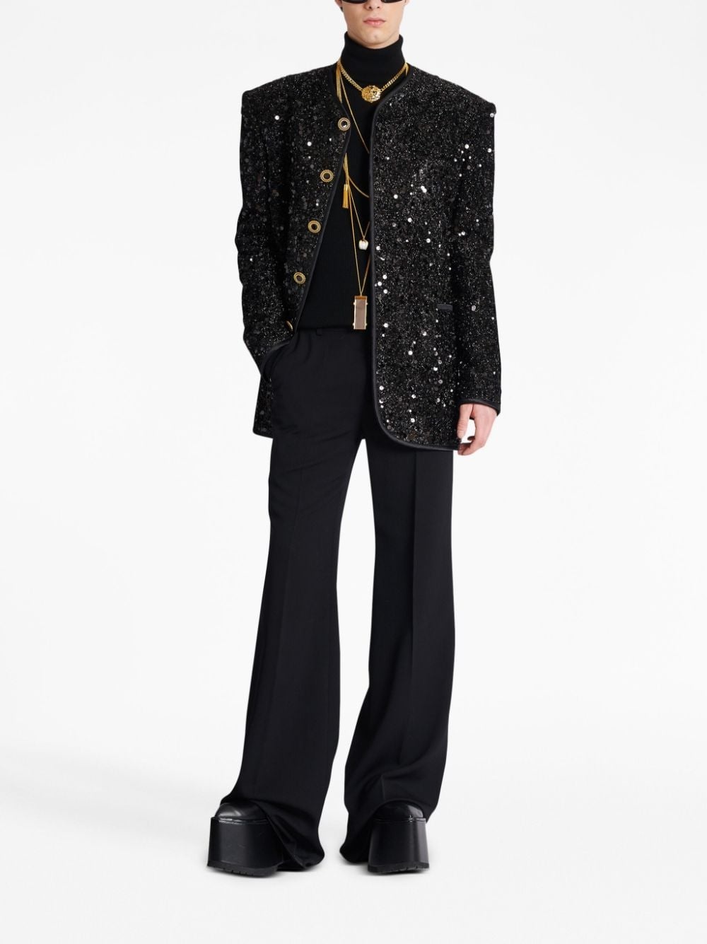 collarless single-breasted sequinned jacket - 3