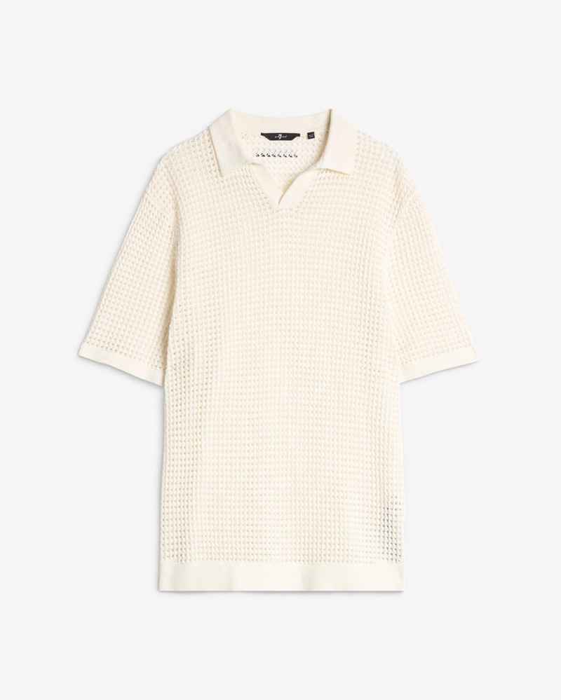 Short Sleeve Crochet Polo in White 1